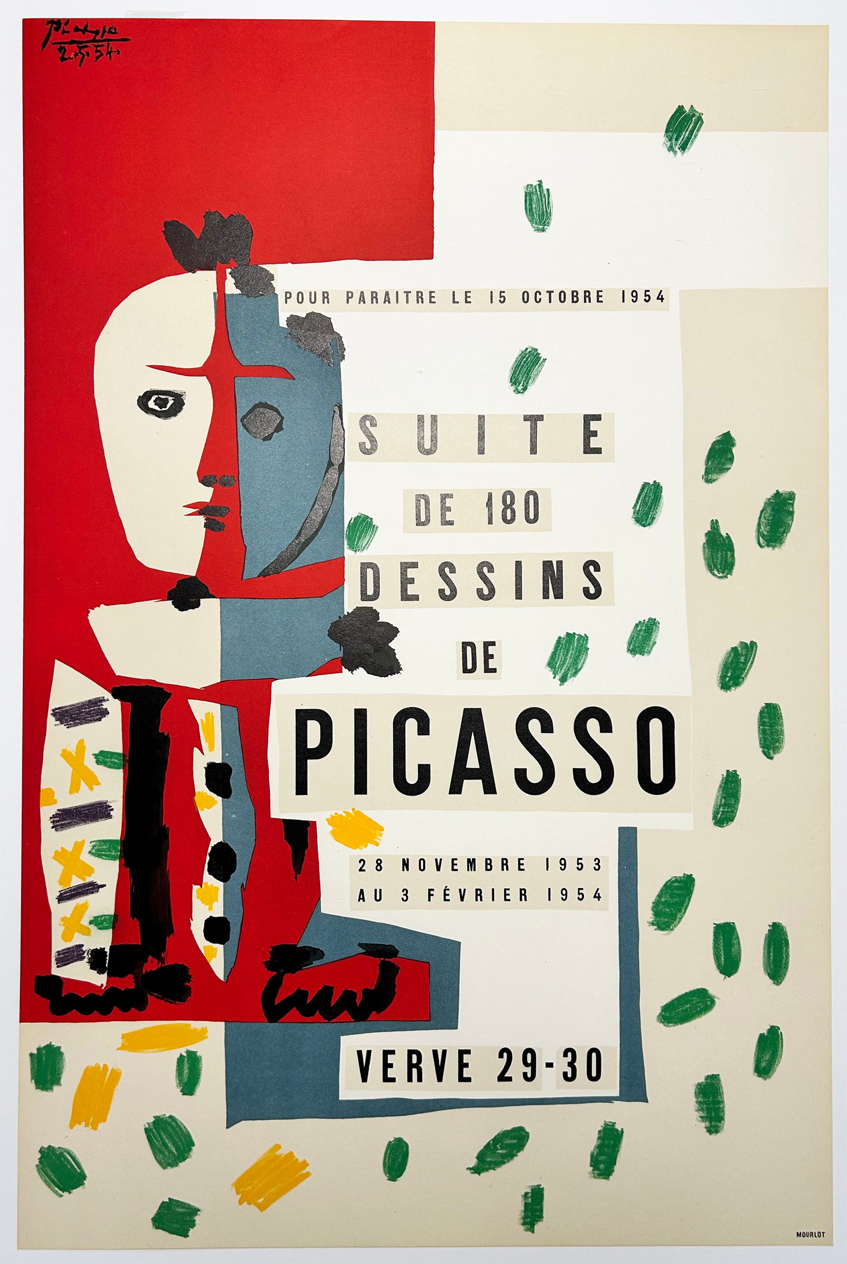 Pablo PICASSO - Suite de 180 dessins. 1954. Lithographie imprimée en couleurs, d’après la composition (gouache et collage) spécialement créée par Pablo Picasso pour annoncer la parution de la revue Verve n° 29-30 qui lui a été entièrement dédiée. 
