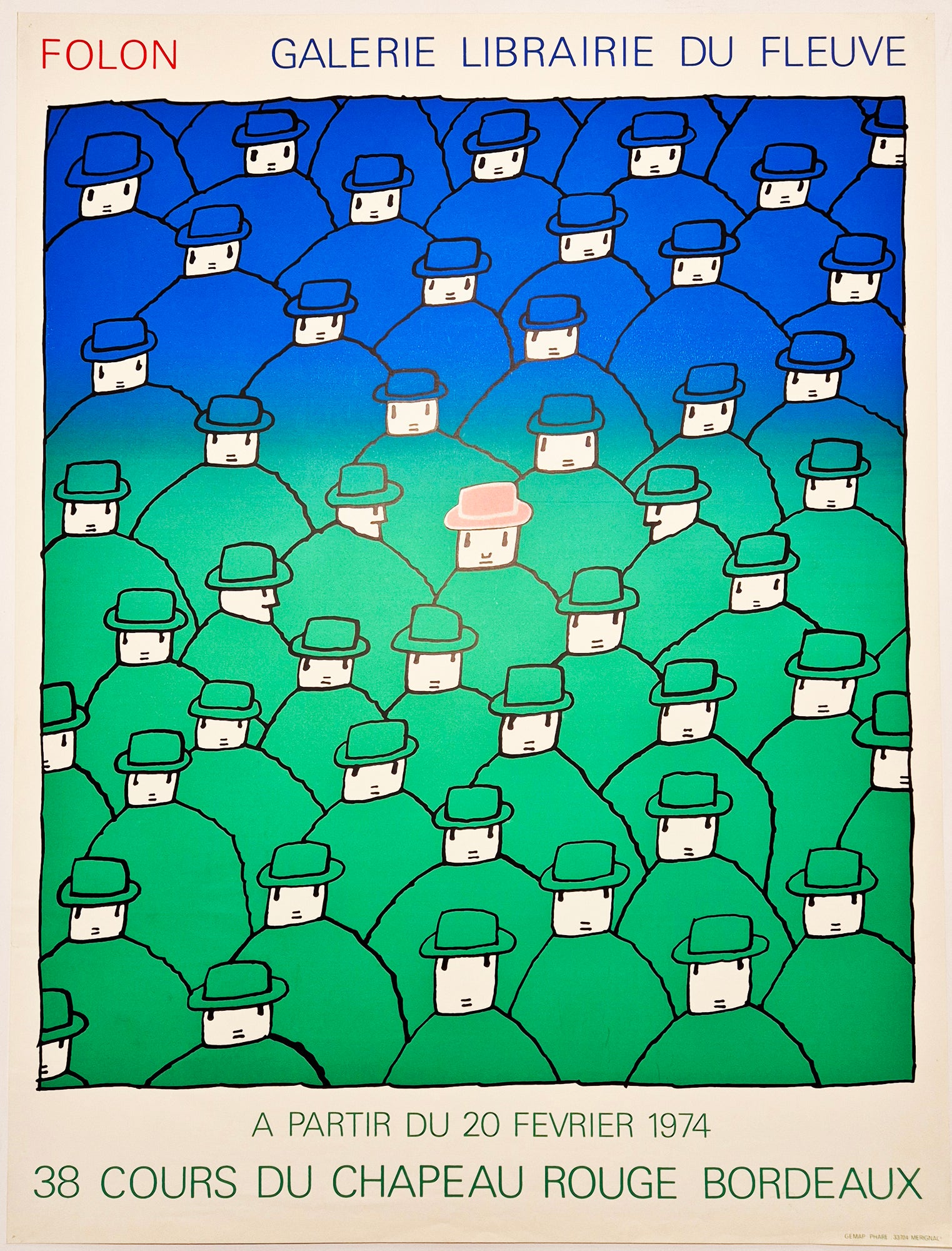 Jean-Michel FOLON - Affiche pour la Galerie librairie du fleuve à Bordeaux. 1974. Sérigraphie.