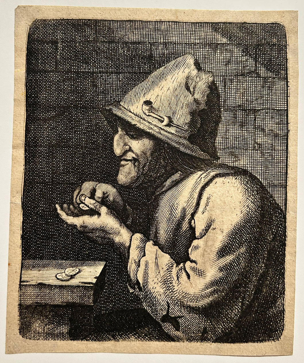 Un paysan portant un chapeau avec une pipe et comptant des pièces de monnaie.