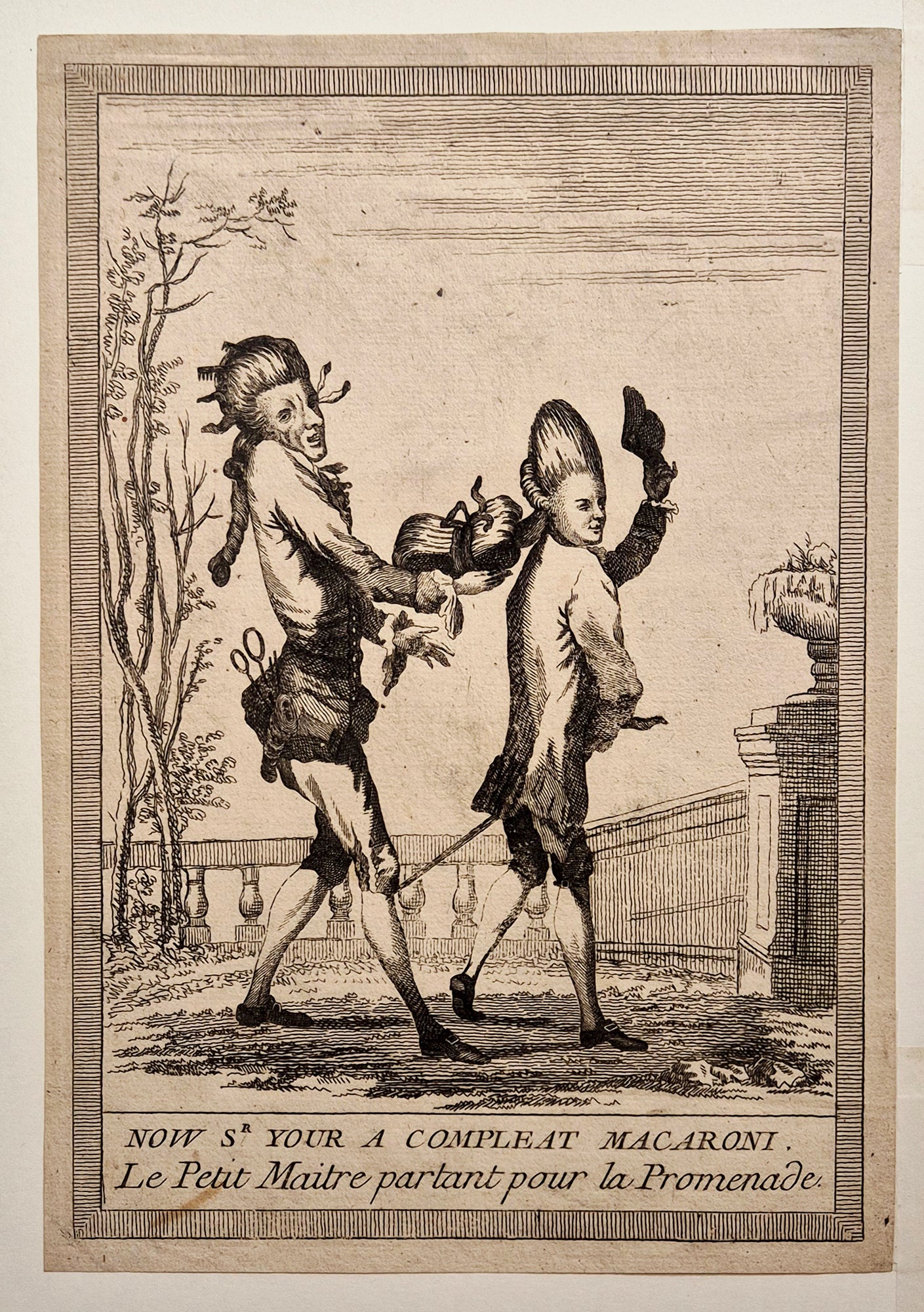 Michel Vincent BRANDOIN (d'après) - Sr your a compleat Macaroni. Le Petit Maitre partant pour la Promenade.  Vers 1770. Eau-forte.
