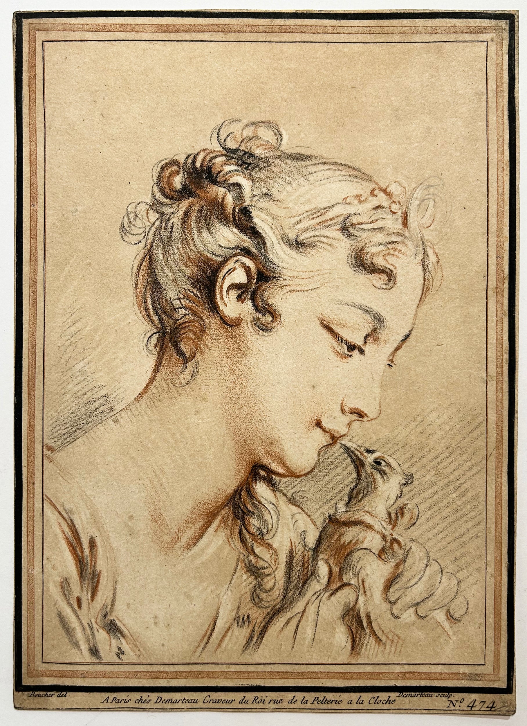 Gilles DEMARTEAU - Tête de Diane à la colombe.  c.1774. Gravure à la manière du crayon d'après François Boucher (Paris 1703 † 1770), imprimée en trois couleurs. 