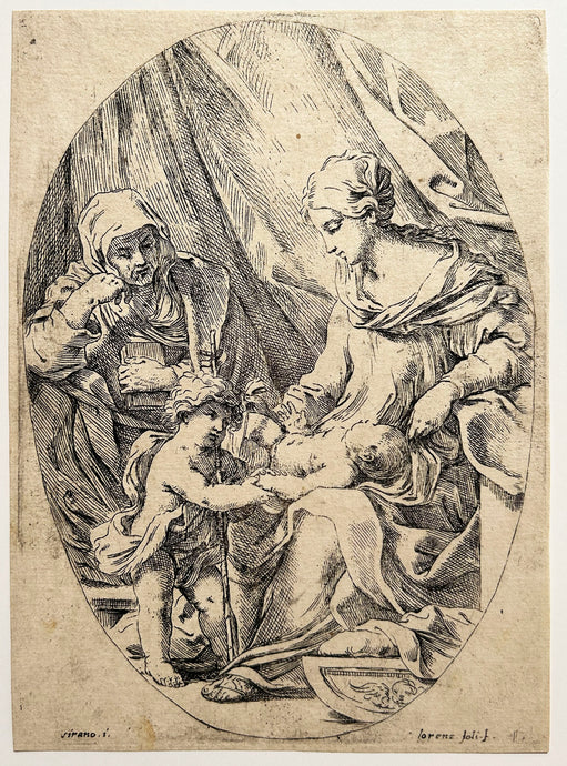 Lorenzo LOLI - La Sainte Vierge et l'Enfant avec Sainte Elisabeth et Jean-Baptiste enfant. Eau-forte d'après Sirani. 