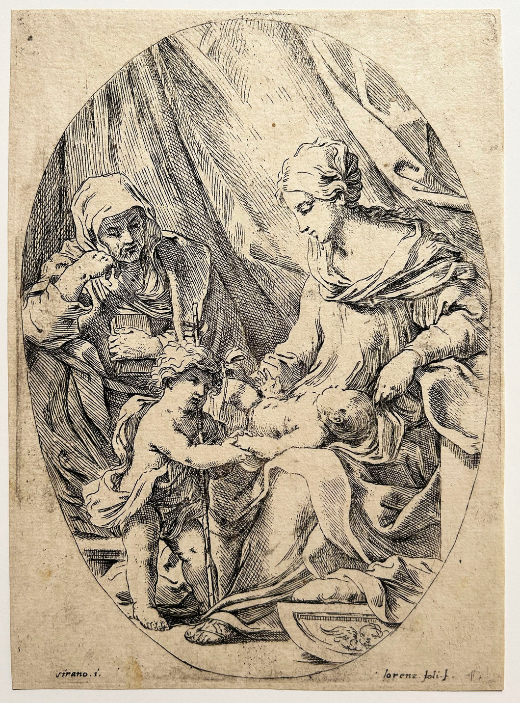 Lorenzo LOLI - La Sainte Vierge et l'Enfant avec Sainte Elisabeth et Jean-Baptiste enfant. Eau-forte d'après Sirani. 
