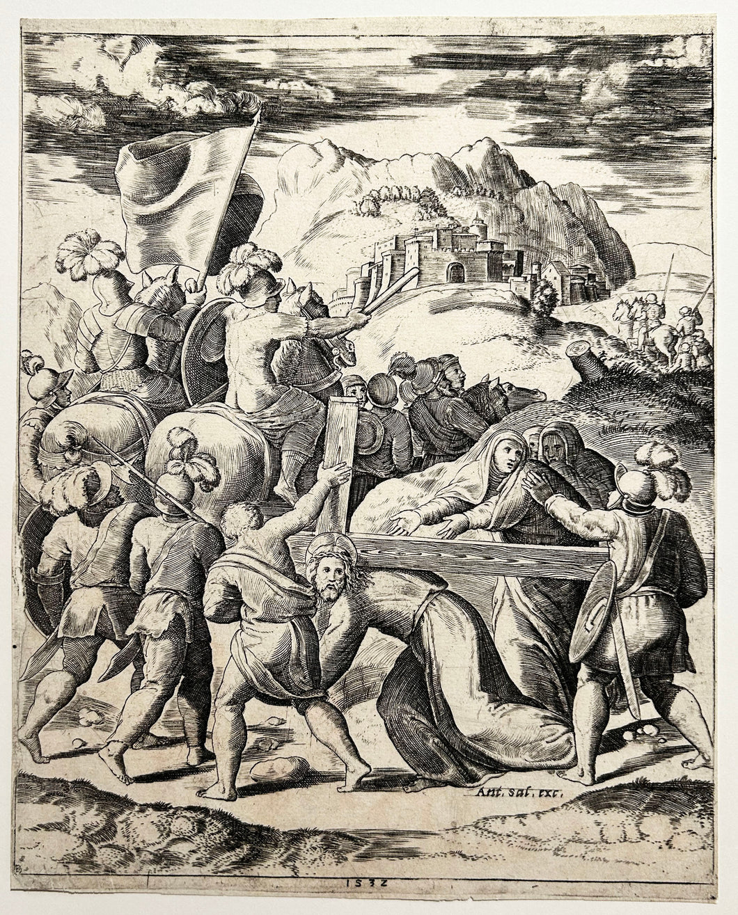 MAITRE AU DE - Le portement de croix.  1532. Burin. 