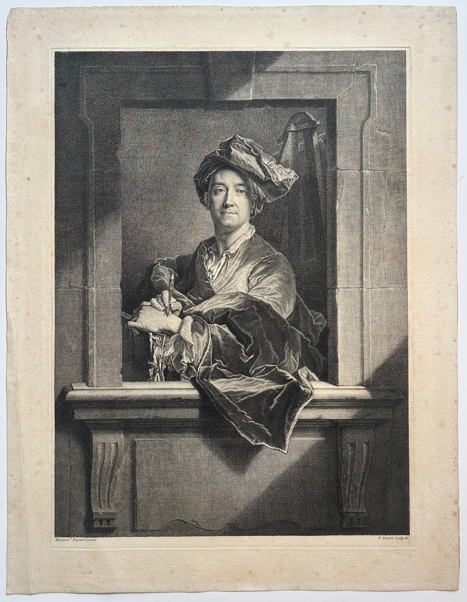 Pierre DREVET - Portrait de Hyacinthe Rigaud tenant un porte-crayon.  1714-1721. Gravure à l'eau-forte et au burin d'après le portrait dessiné en 1712 par Hyacinthe Rigaud (Perpignan 1659 † Paris 1743). 