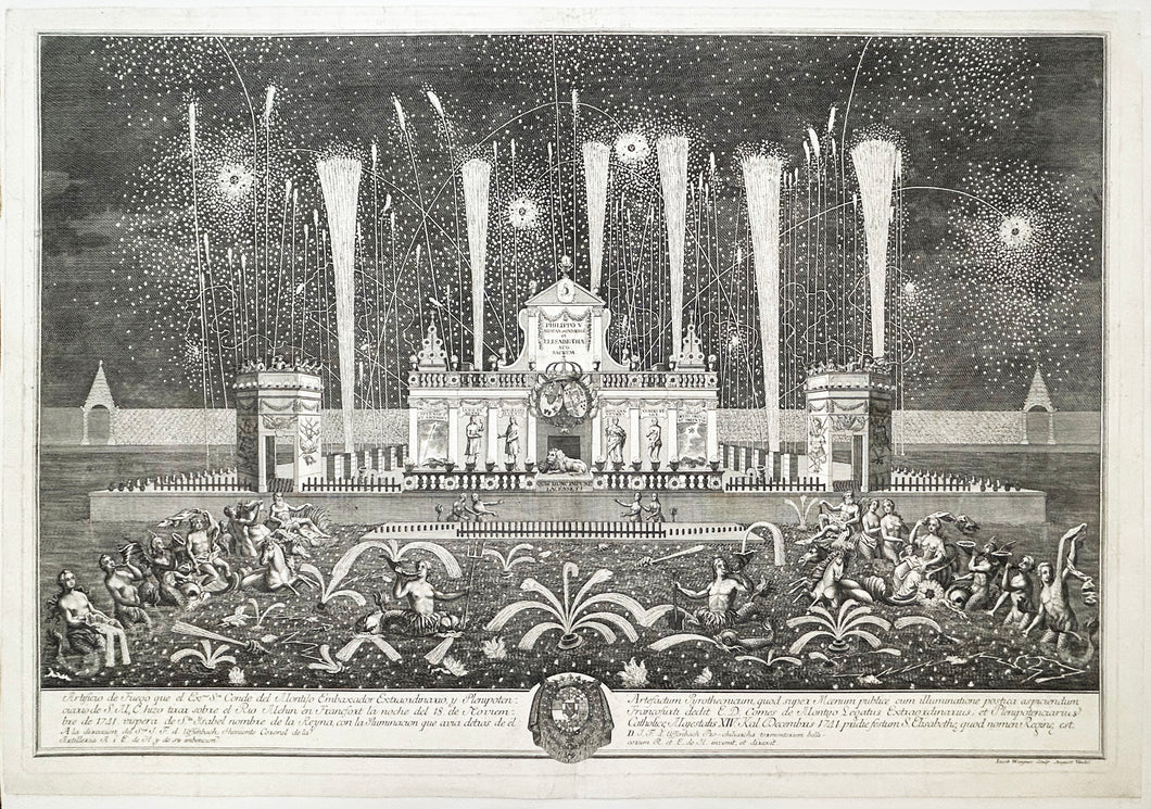 Feu d'artifice sur le Main à Francfort, le 18 novembre 1741, en l'honneur de Philippe V d'Espagne et de la Reine Isabel. c.1741.