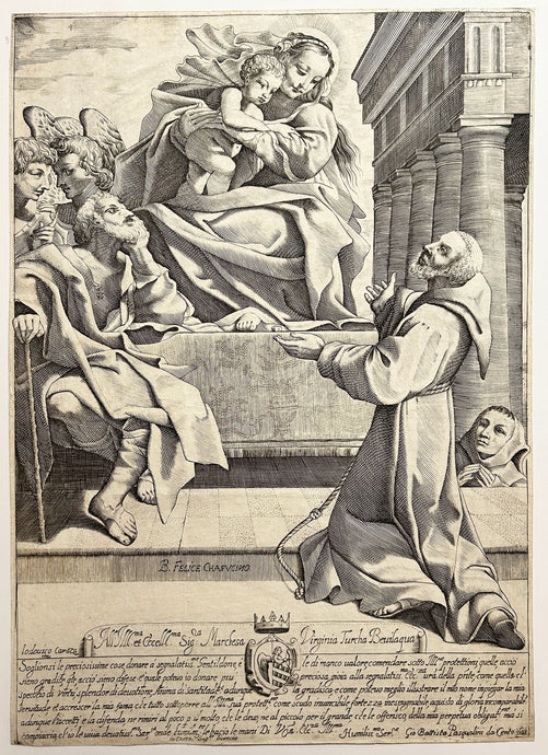 Giovanni Battista PASQUALINI - Saint Félix capucin, et autres Saints devant la Sainte Vierge.  1623. Eau-forte d'après Lodovico Carracci.