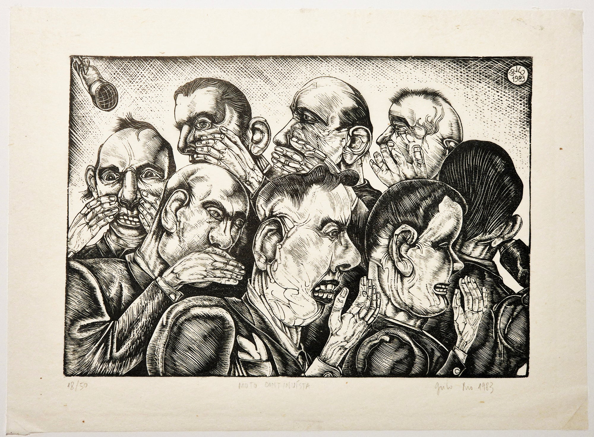 Rubem GRILO - Moto Continuista. (La rumeur). 1983. Bois gravé, signé. 