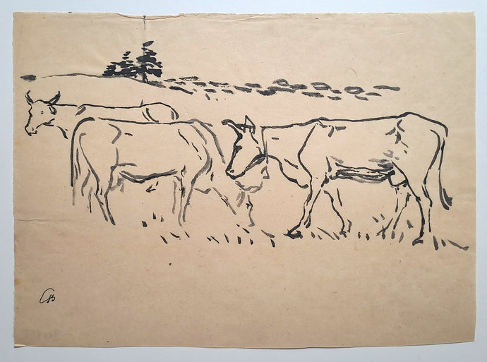 Jules CHADEL [Vaches au pâturage]. Dessin original. 