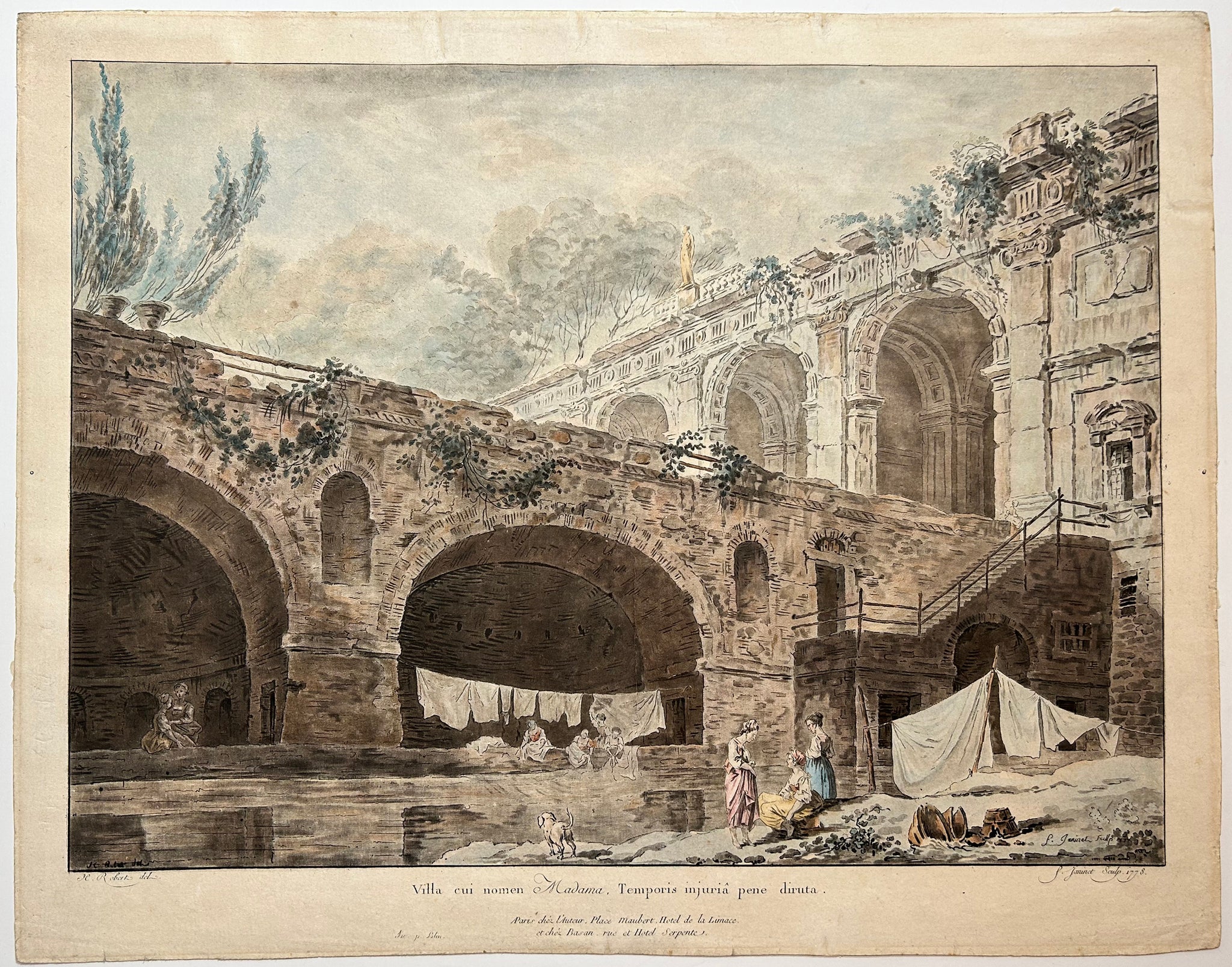 Jean-François JANINET - [Villa Madama]. 1778. Gravure au trait et à l'aquatinte d'après Hubert Robert (Paris 1733 † 1808), imprimée en couleurs au repérage. 