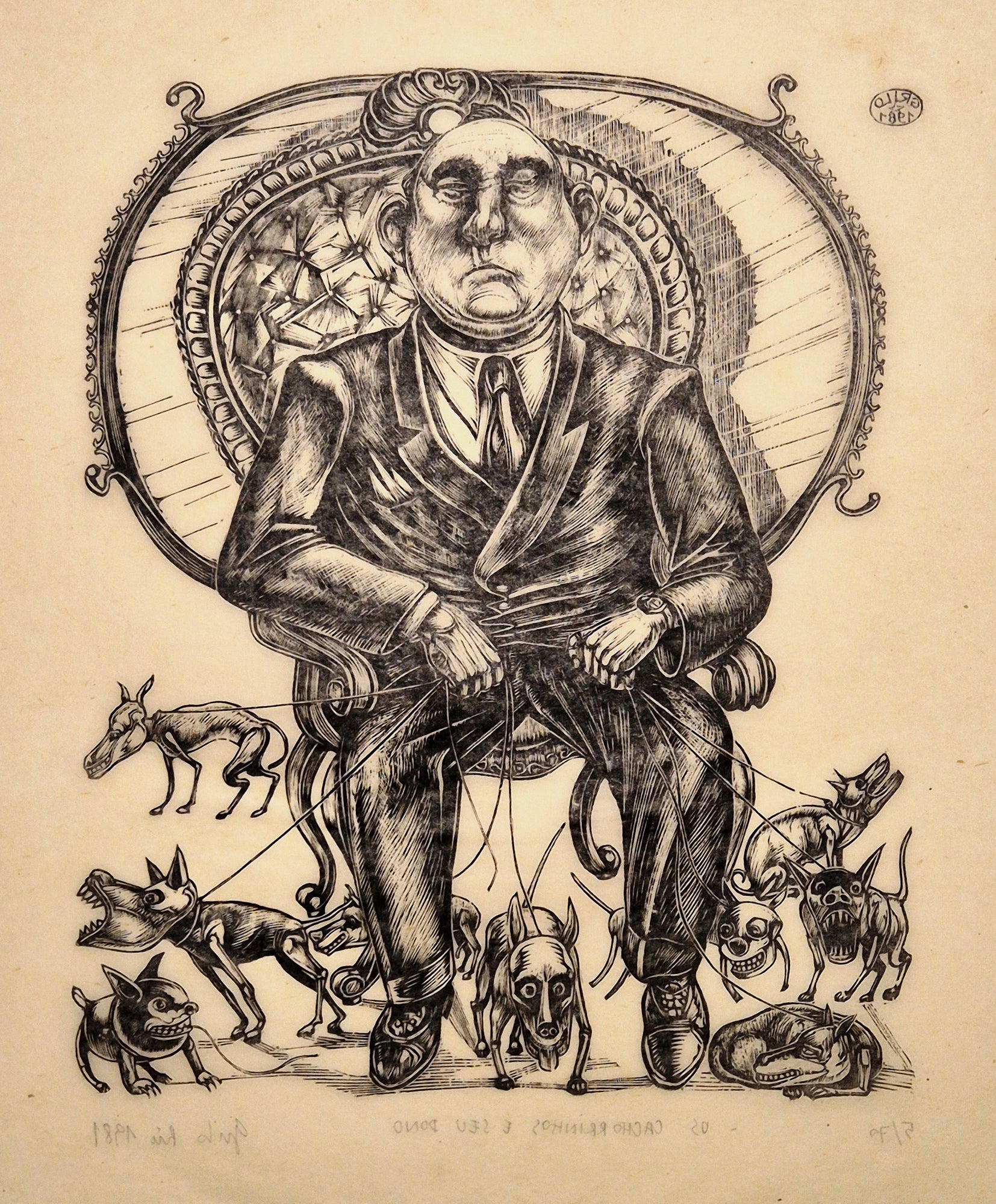 Rubem GRILO - Os Cachorrinhos e seu Dono (Les petits chiens et leur maître). 1981. Bois gravé, signé. 