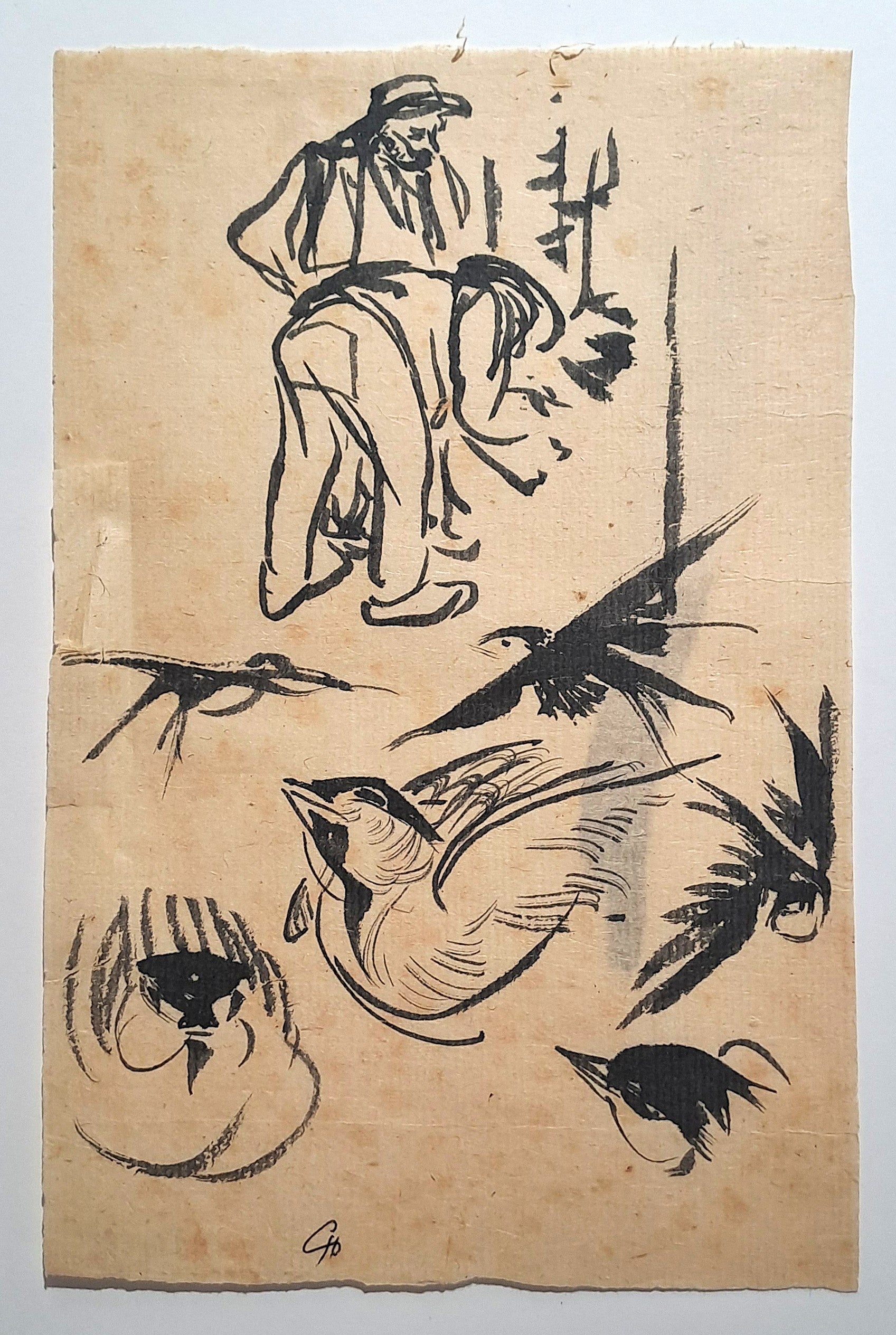 Jules CHADEL [Etude d'hirondelle et deux paysans]. Dessin original. 