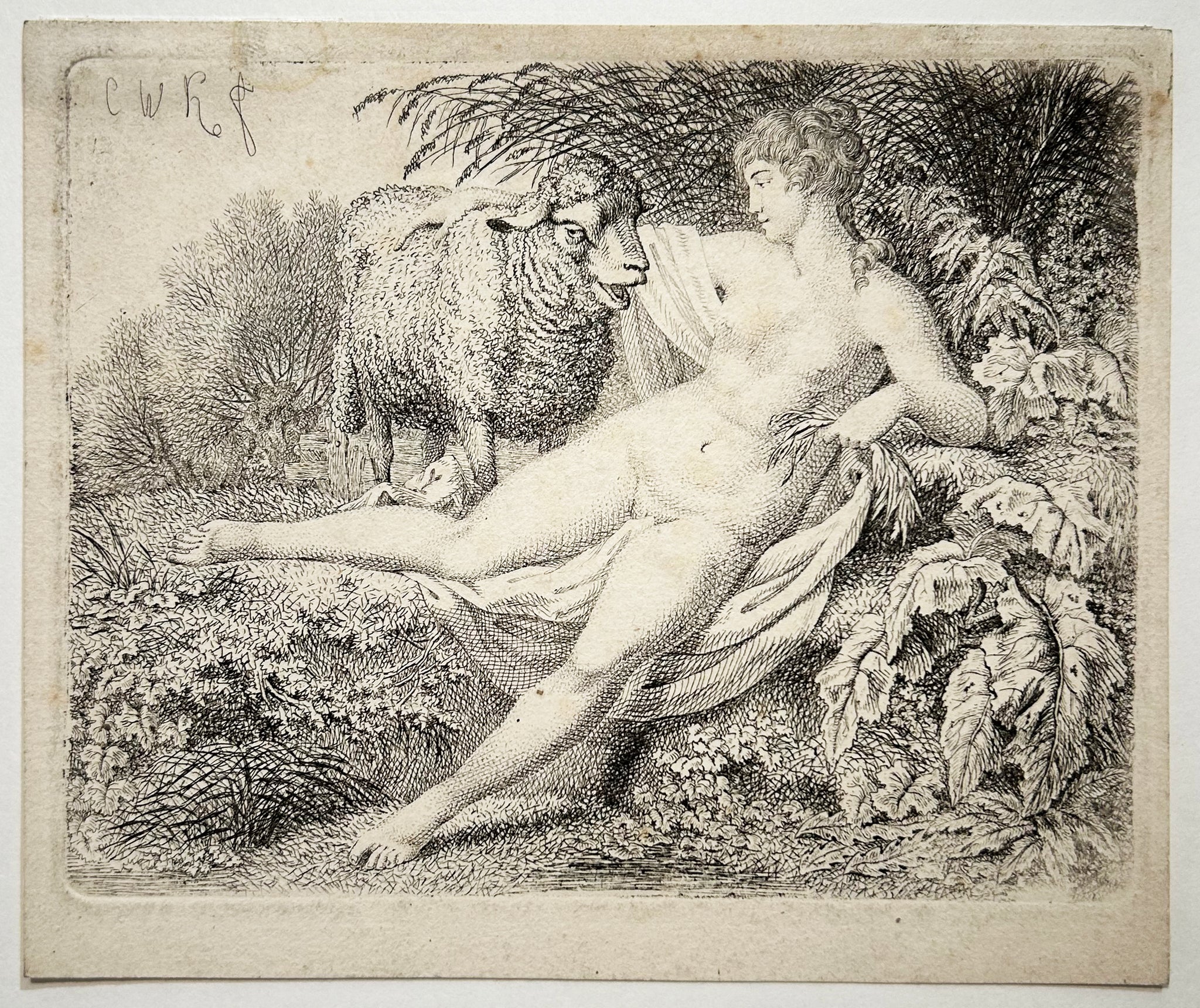 C.W. KOLBE - Jeune femme dénudée donnant à manger à un agneau  dans la forêt. Eau-forte originale. 