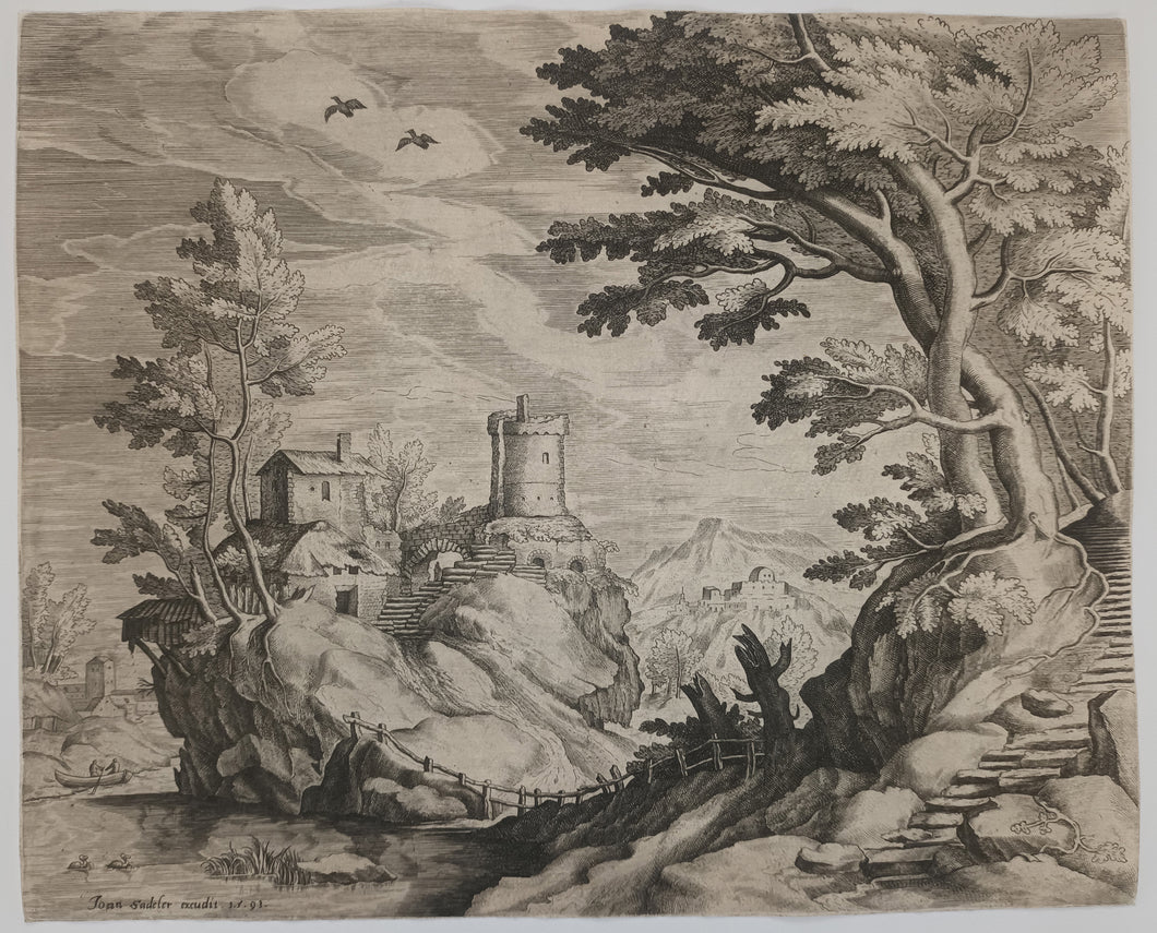 Paysage avec une tour et deux maisons sur un rocher. 1593.