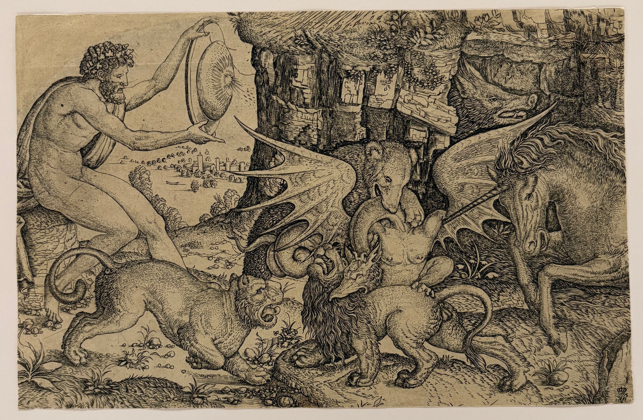 MAÎTRE DE LA DECOLLATION DE SAINT JEAN-BAPTISTE - Le combat allégorique au miroir solaire, ou Poison et Antidote. c.1515-1520. Eau-forte d'après Leonardo da Vinci (Vinci (Toscane) 1452 † Amboise 1519). 