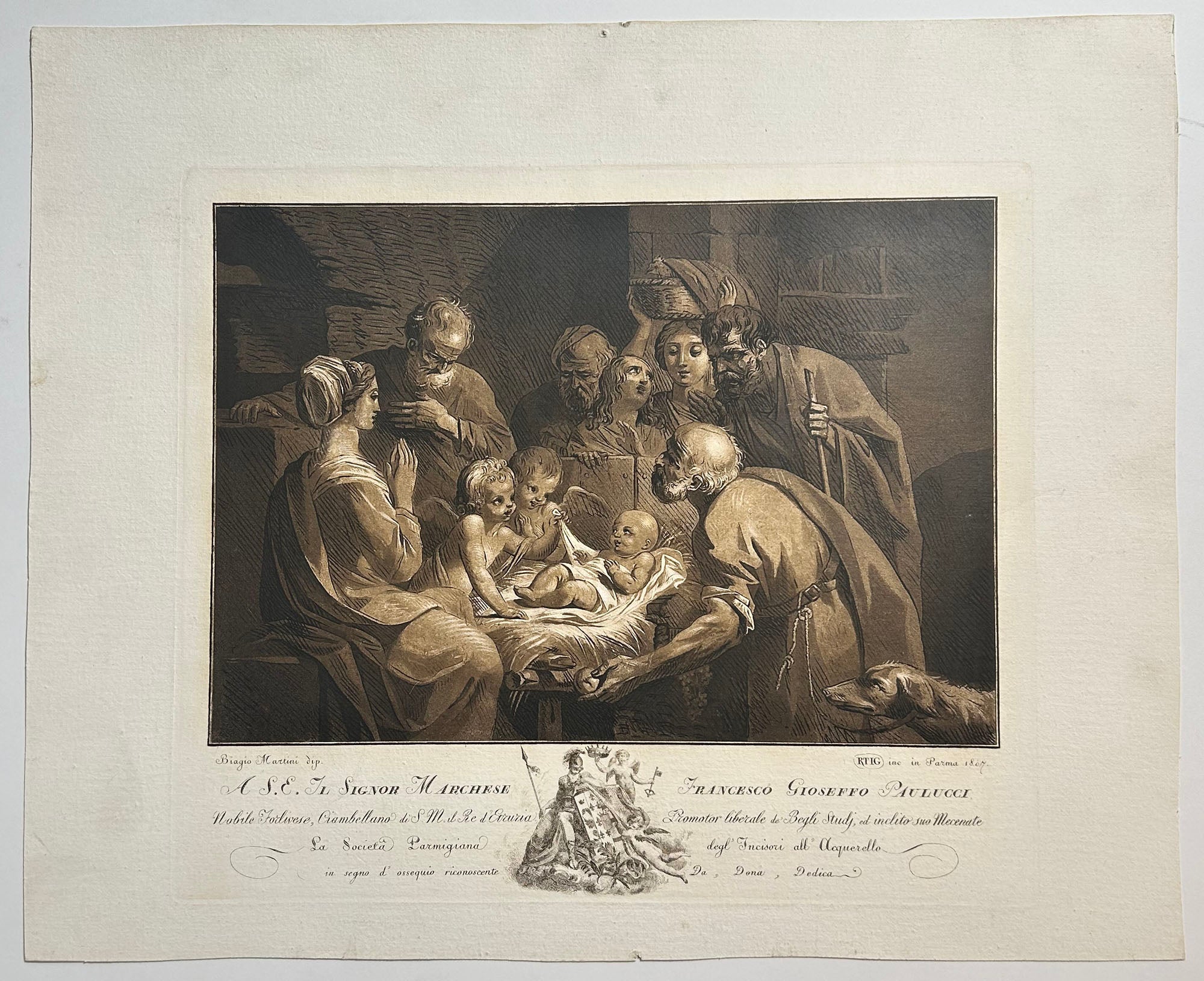 MARTINI Biagio (d'après) - La Nativité. 1807. Gravure à l'eau-forte et aquatinte, imprimée en brun, exécutée par la Società Parmigiana Degli Incisori All'acquerello. 