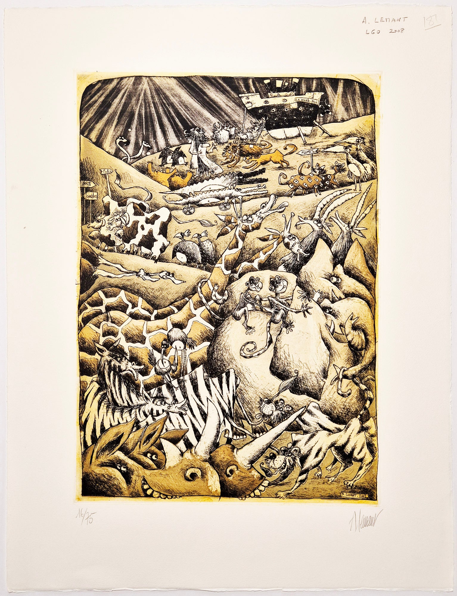 Albert LEMANT - L'Arche de Noé. 2002. Eau-forte originale, imprimée en couleurs, signée.