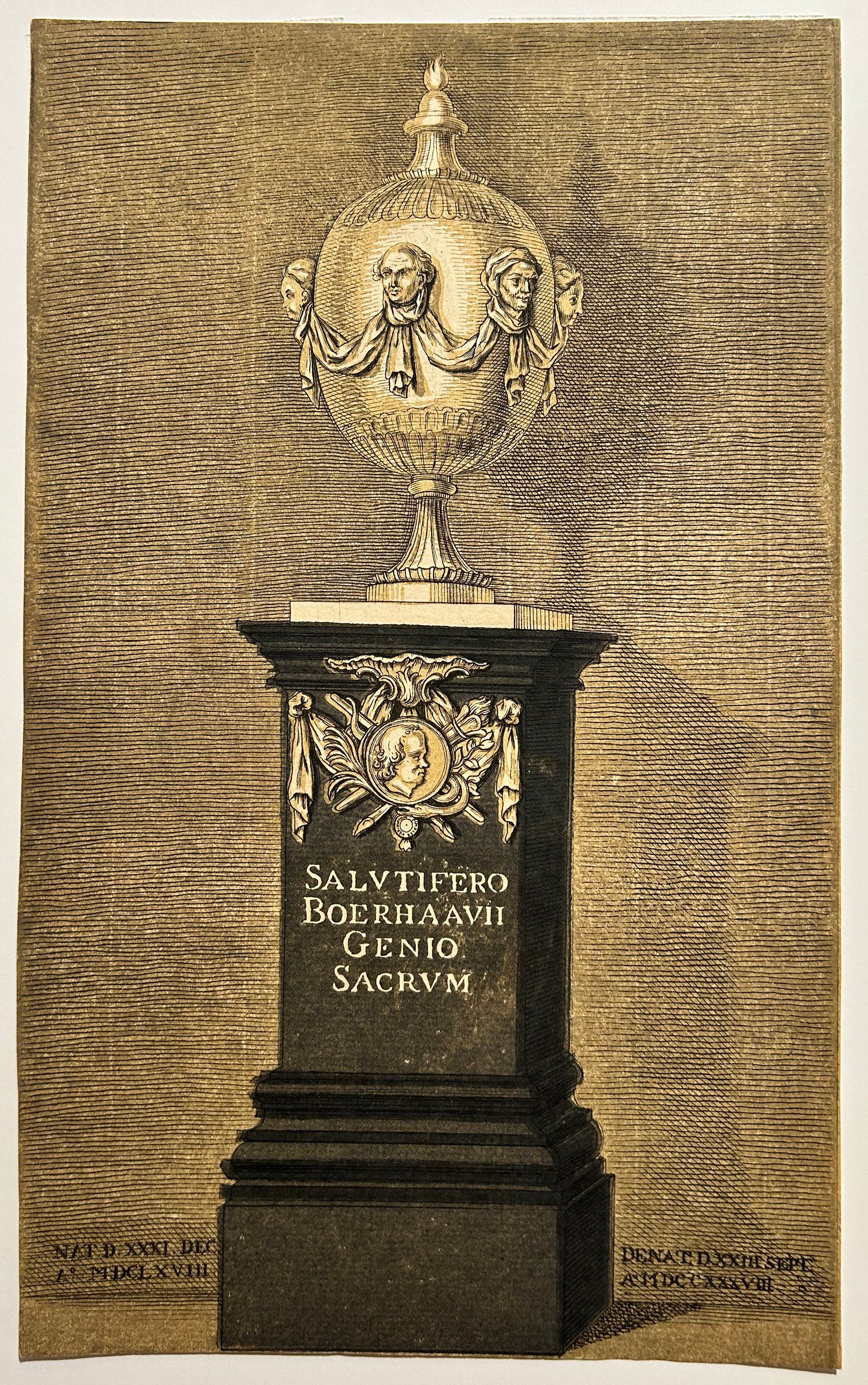 Monument à Herman Boerhaave (1668†1738), botaniste, chimiste, humaniste chrétien et médecin néerlandais de renommée européenne. Gravure du 18ème par un anonyme.