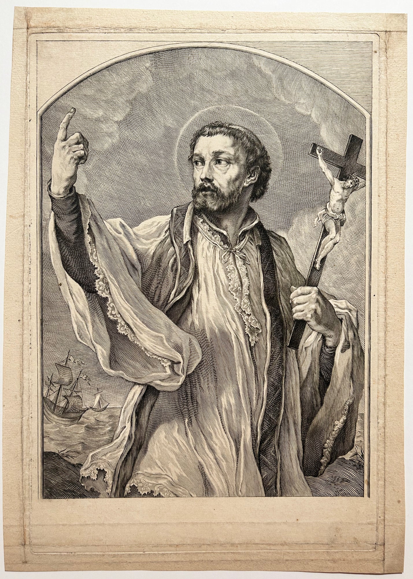 [Saint François Xavier de la Compagnie de Jésus, Apôtre des Indes].  c.1700. Gravure au burin. 