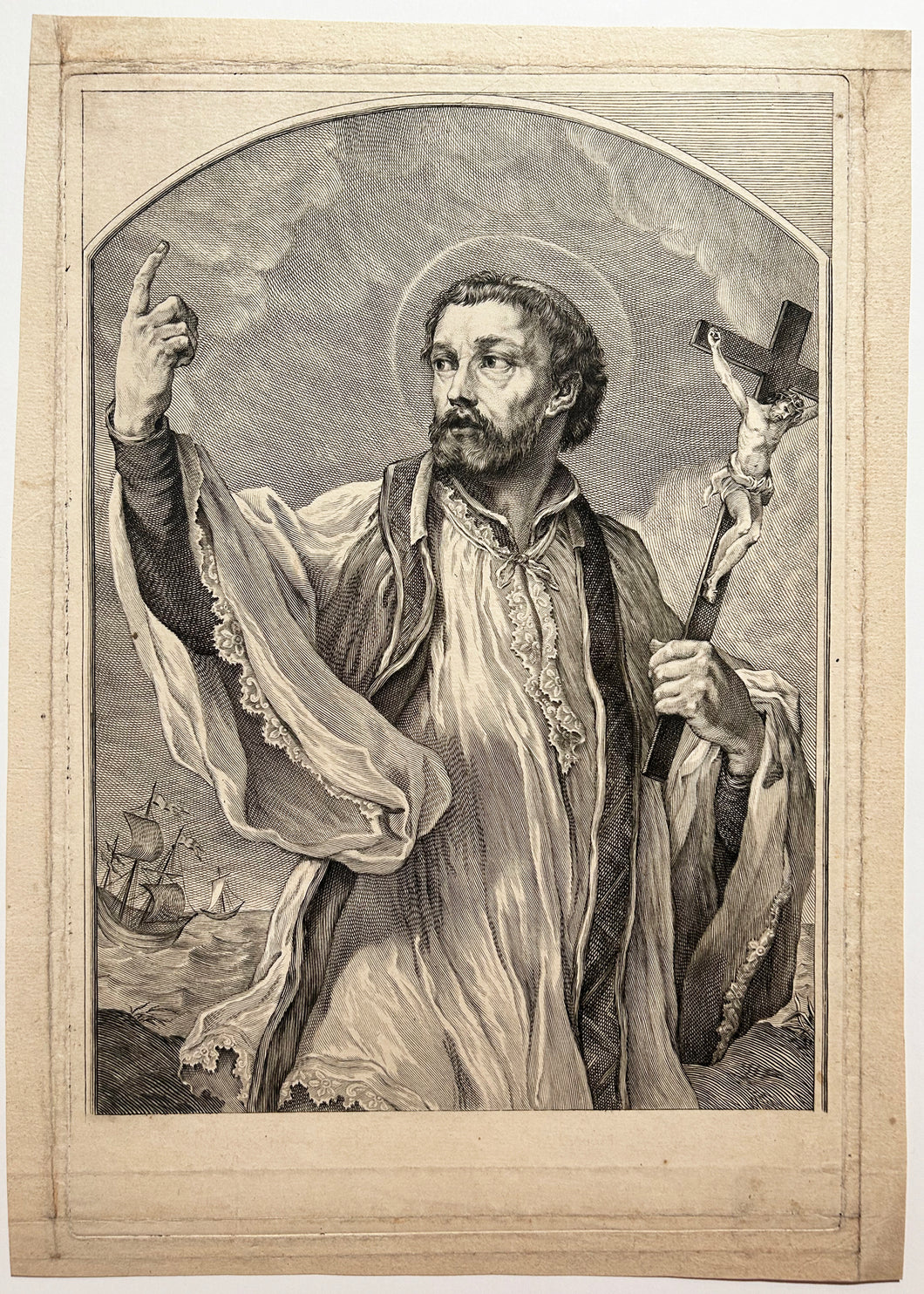 [Saint François Xavier de la Compagnie de Jésus, Apôtre des Indes].  c.1700. Gravure au burin. 