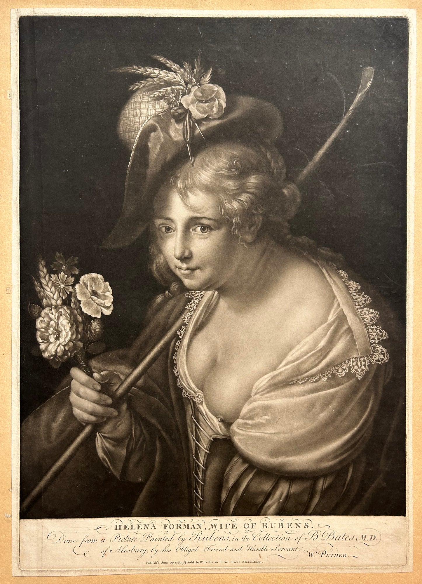 D'après RUBENS - Helena Forman, wife of Rubens. Portrait de Helena Forman, femme de Rubens.  1769. Manière noire gravée par William Pether.