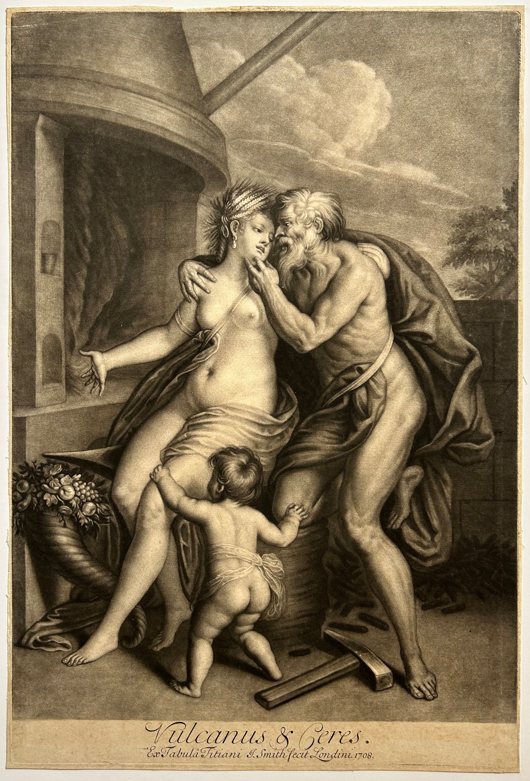 John SMITH - Vulcain & Cérès.  1708. Manière noire d'après Le Titien (Pieve di Cadore c.1488 † Venise 1576).