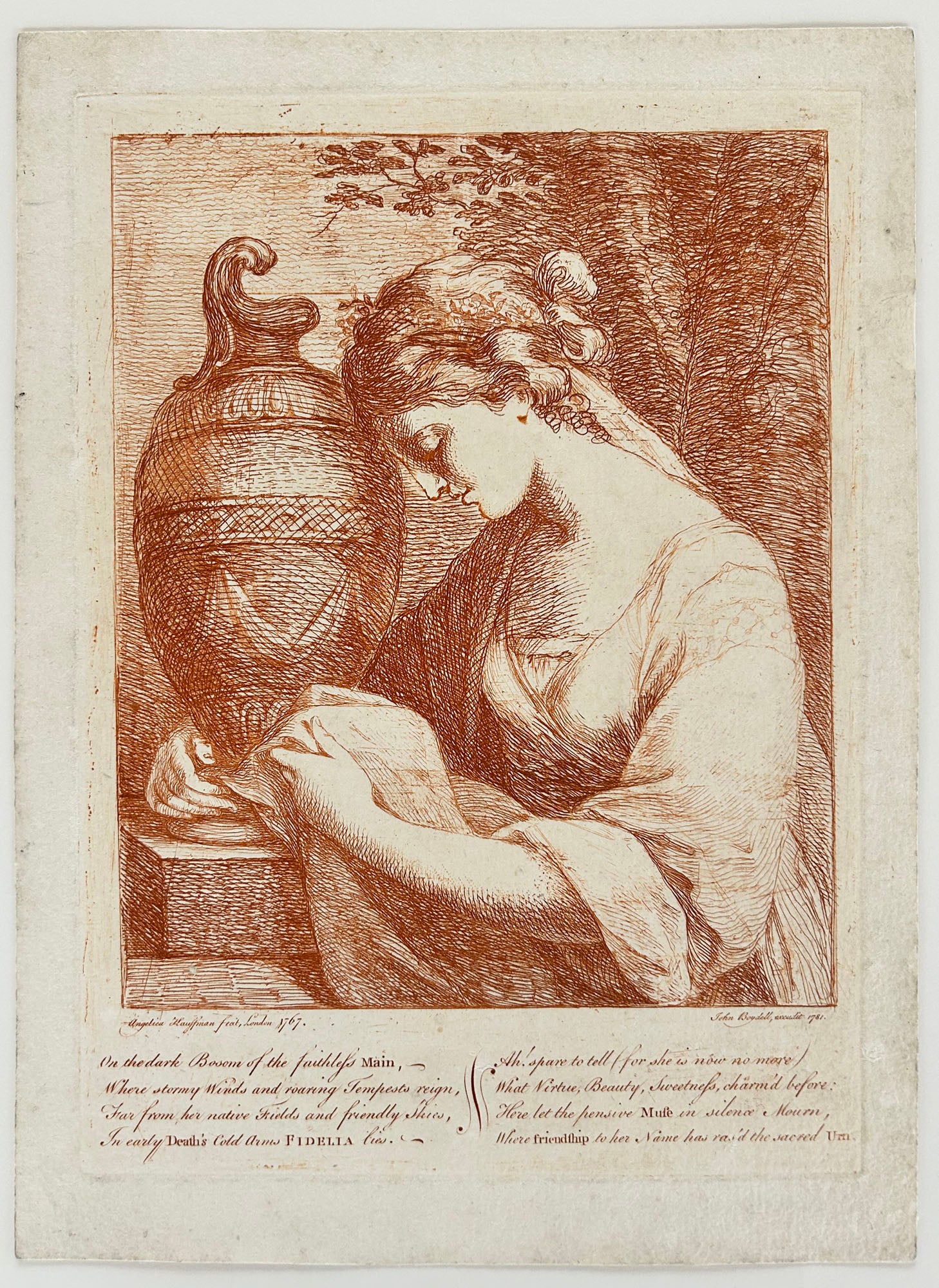 Une femme pleurant près d'une urne cinéraire.  1767.