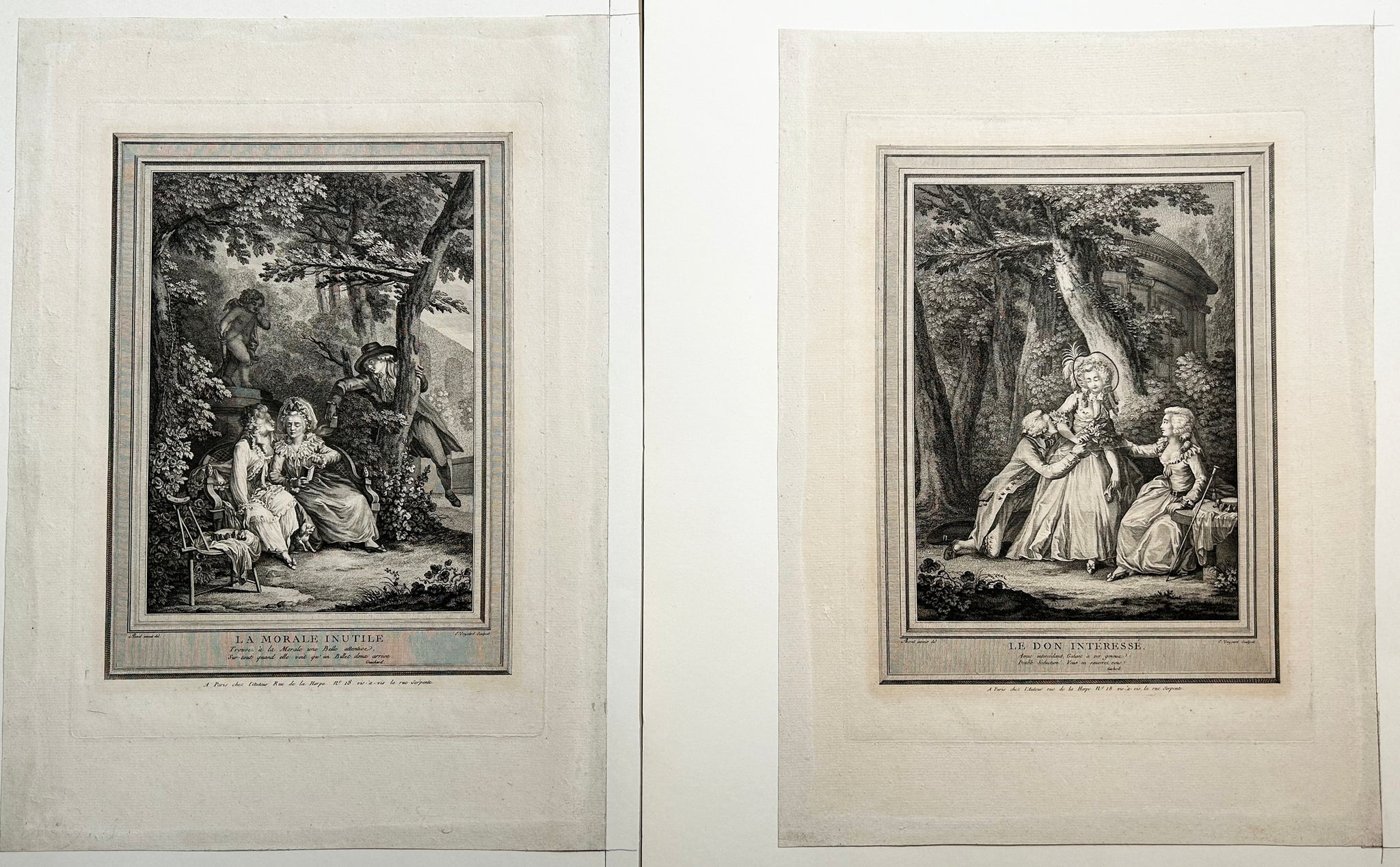 Etienne Claude VOYSARD - La morale inutile & Le don intéressé. Paire de gravures. Eau-forte et burin d'après les tableaux d'Antoine Borel (Paris 1743 † 1810). 