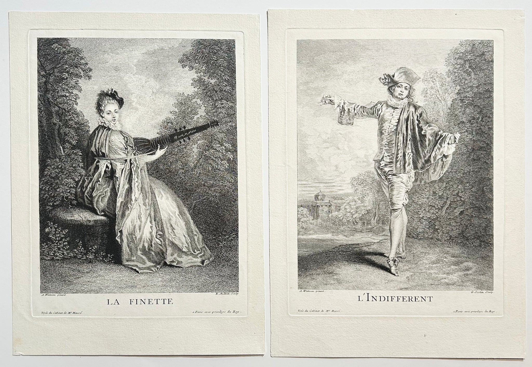 D'après Antoine WATTEAU - La finette & L'Indifférent.  1729. Paire de gravures. La première gravée à l'eau-forte et au burin par Benoît Audran II (Paris 1698 † Paris 1772), la seconde par Gérard Jean-Baptiste Scotin II (Paris 1598 † Londres 1755). 