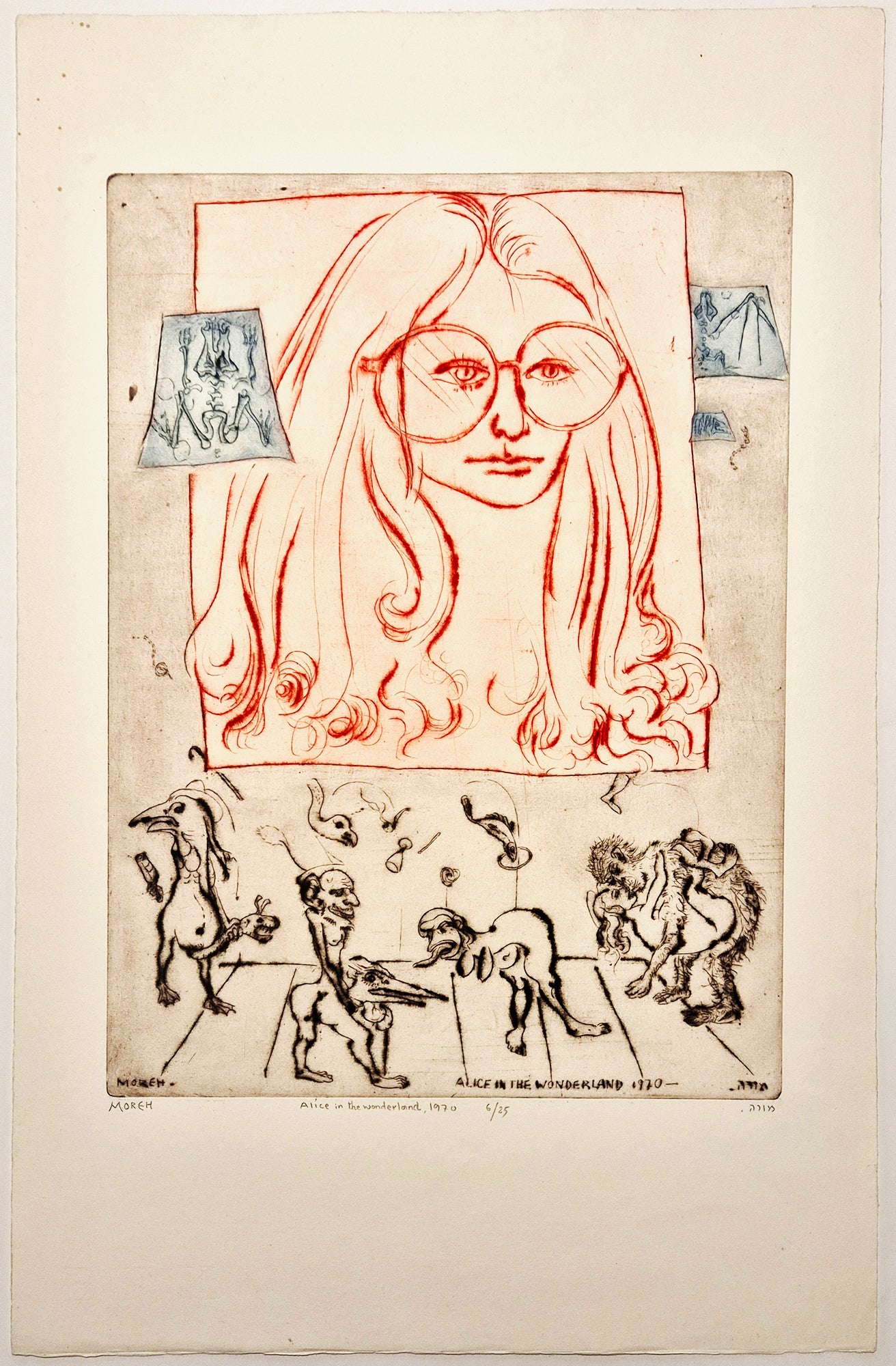 MOREH Mordecaï - Alice in the wonderland. 1970. Pointe sèche originale, en couleurs, signée. 