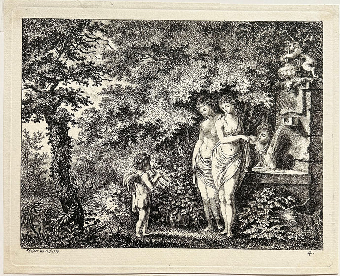 Salomon GESSNER - Eros devant trois femmes à la fontaine.  1770. Eau-forte.