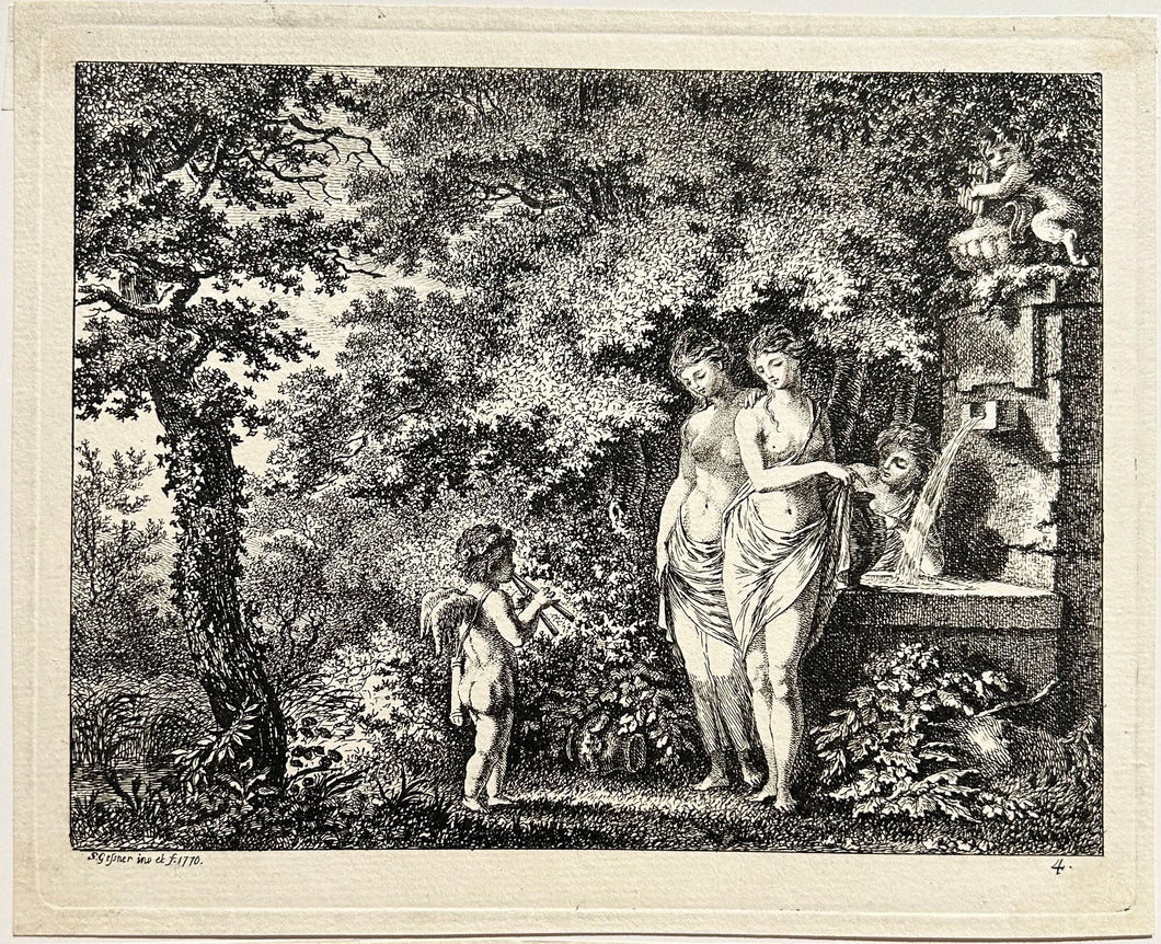 Salomon GESSNER - Eros devant trois femmes à la fontaine.  1770. Eau-forte.