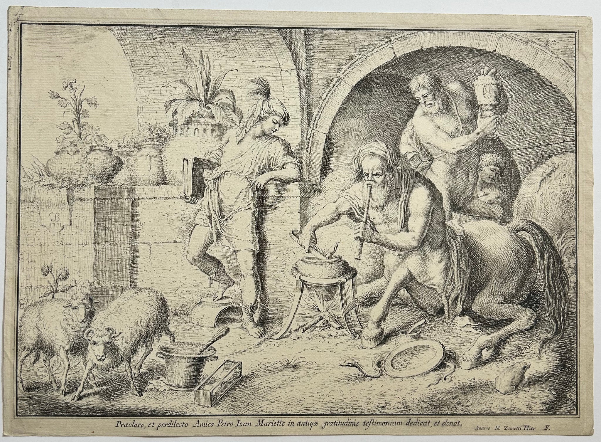 Antonio Maria ZANETTI le jeune - Chiron le centaure enseignant à Achille les arts de la magie. 1771. Eau-forte d'après Gaetano Zompini (Venise 1702 † 1778) et J. Gioan-Benedetto Castiglione (Gênes 1616 † Mantoue 1670).