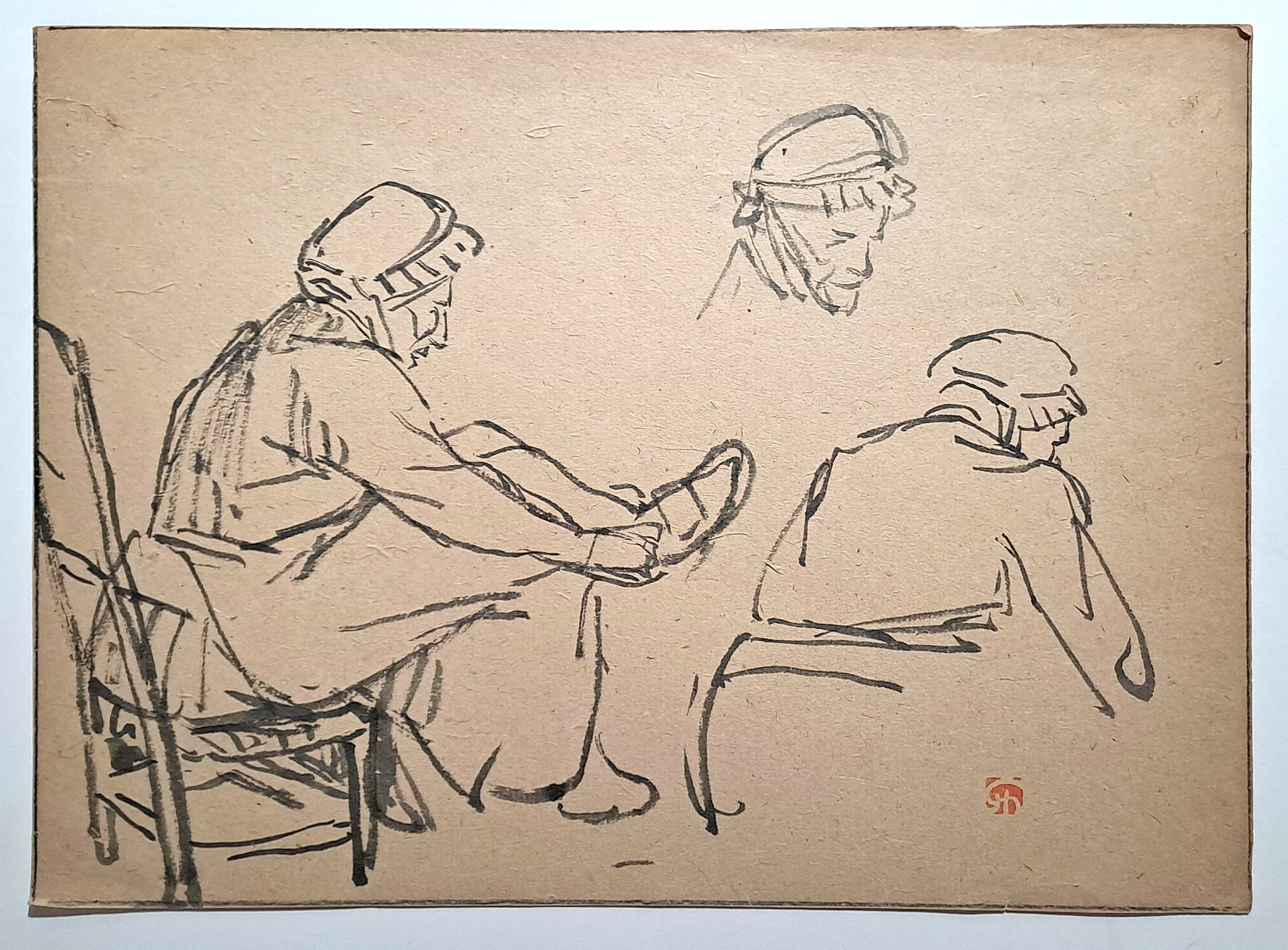 Jules CHADEL[Etudes de vieille dame mettant ses chaussures]. Dessin original.  