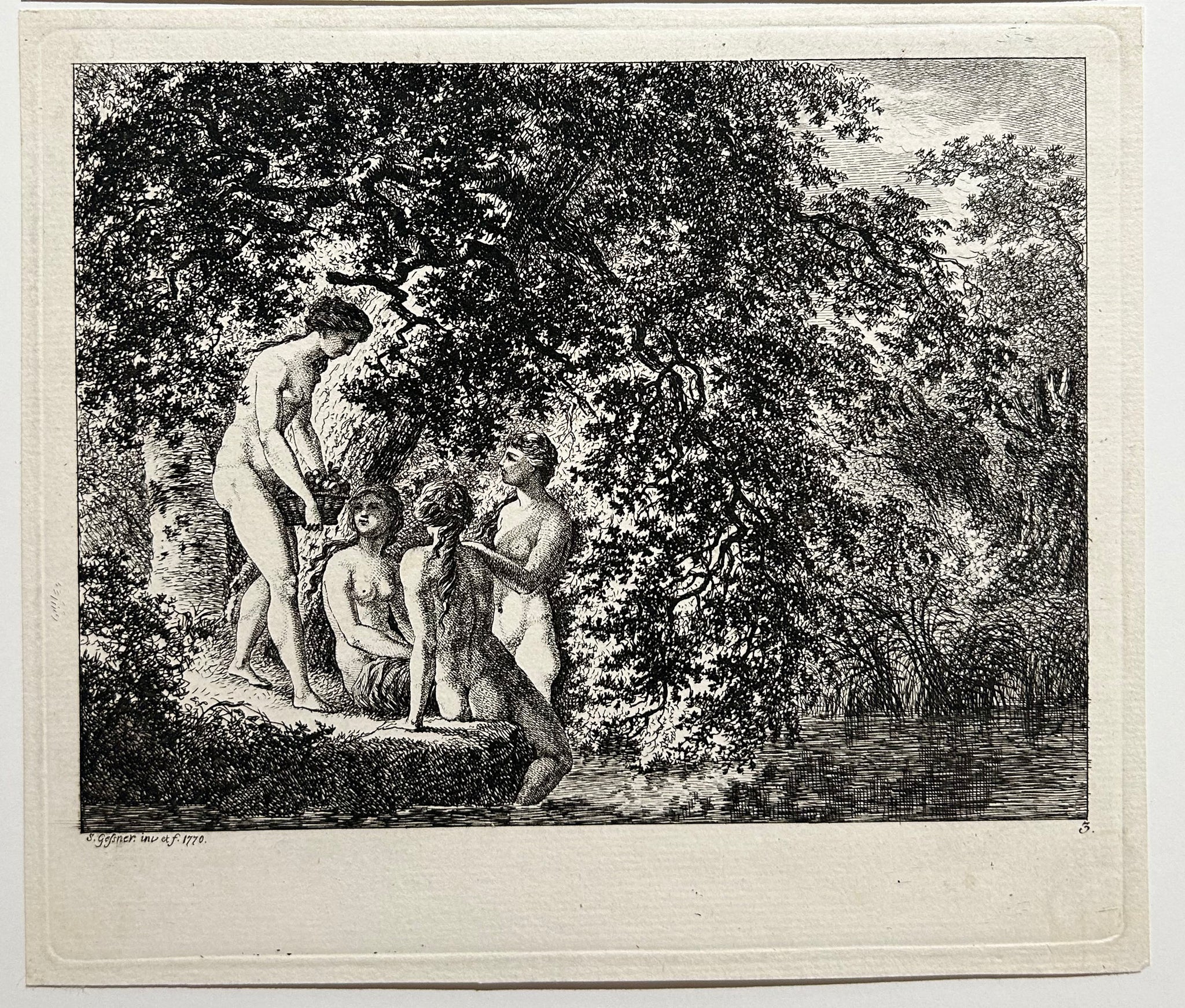 Salomon GESSNER - [Quatre femmes dénudées à la baignade].  1770. Eau-forte originale. 