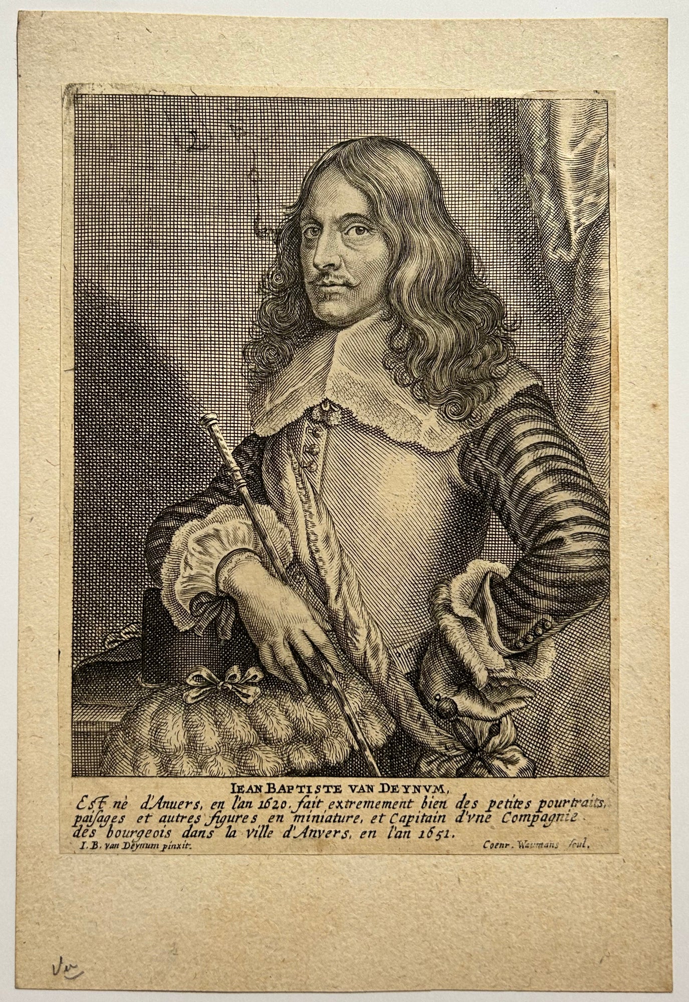 Coenraad WAUMANS - Portrait de Jean-Baptiste van Deynum peint par lui-même (peintre né à Anvers en l'an 1620).  1649. Burin d'après Jean-Baptiste van Deynum lui-même (1620 † 1668). 