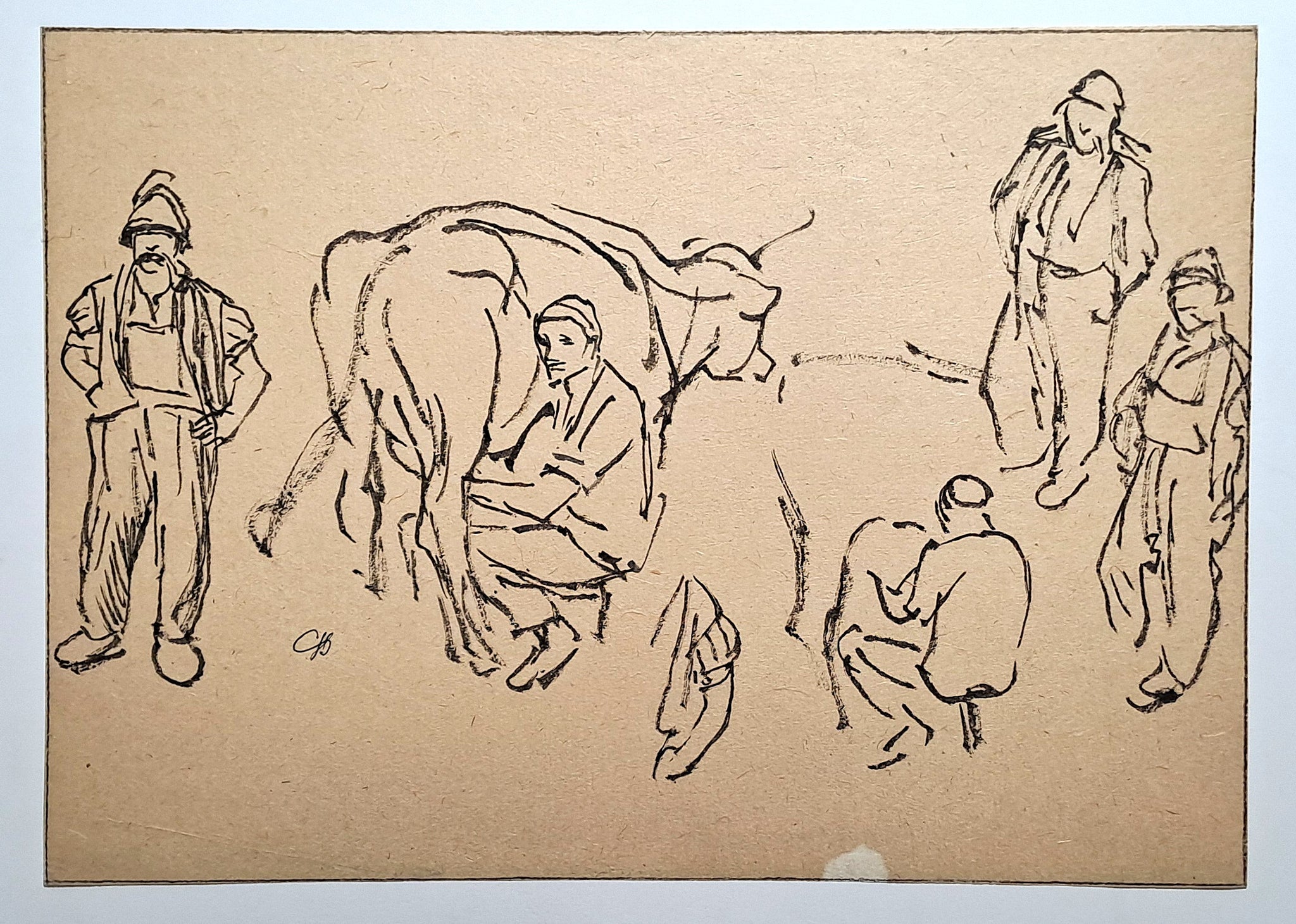 Jules CHADEL [Etudes de paysan trayant une vache]. Dessin original.