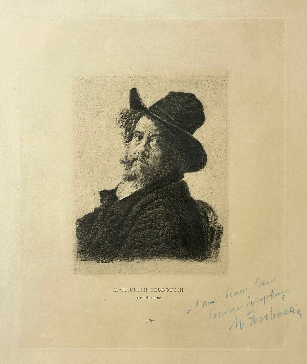 L'homme au grand chapeau (petite planche). Marcellin Desboutin par lui-même.  1890.