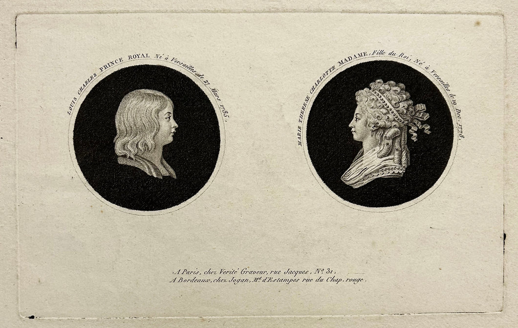 Louis Charles Prince Royal et Marie Thérèse Charlotte Madame, Fille du Roi, de profil en médaillon. Fin 18ème.