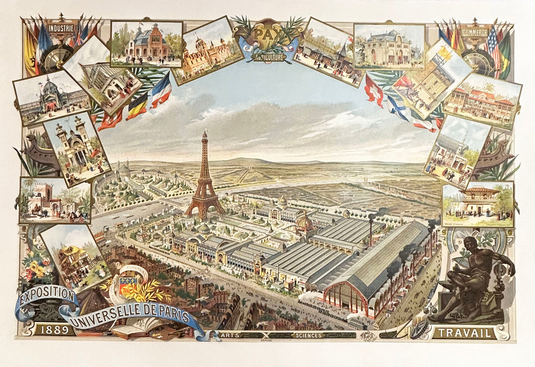 Vue panoramique de l'Exposition Universelle de Paris en 1889. Le Champ de Mars et les Pavillons.