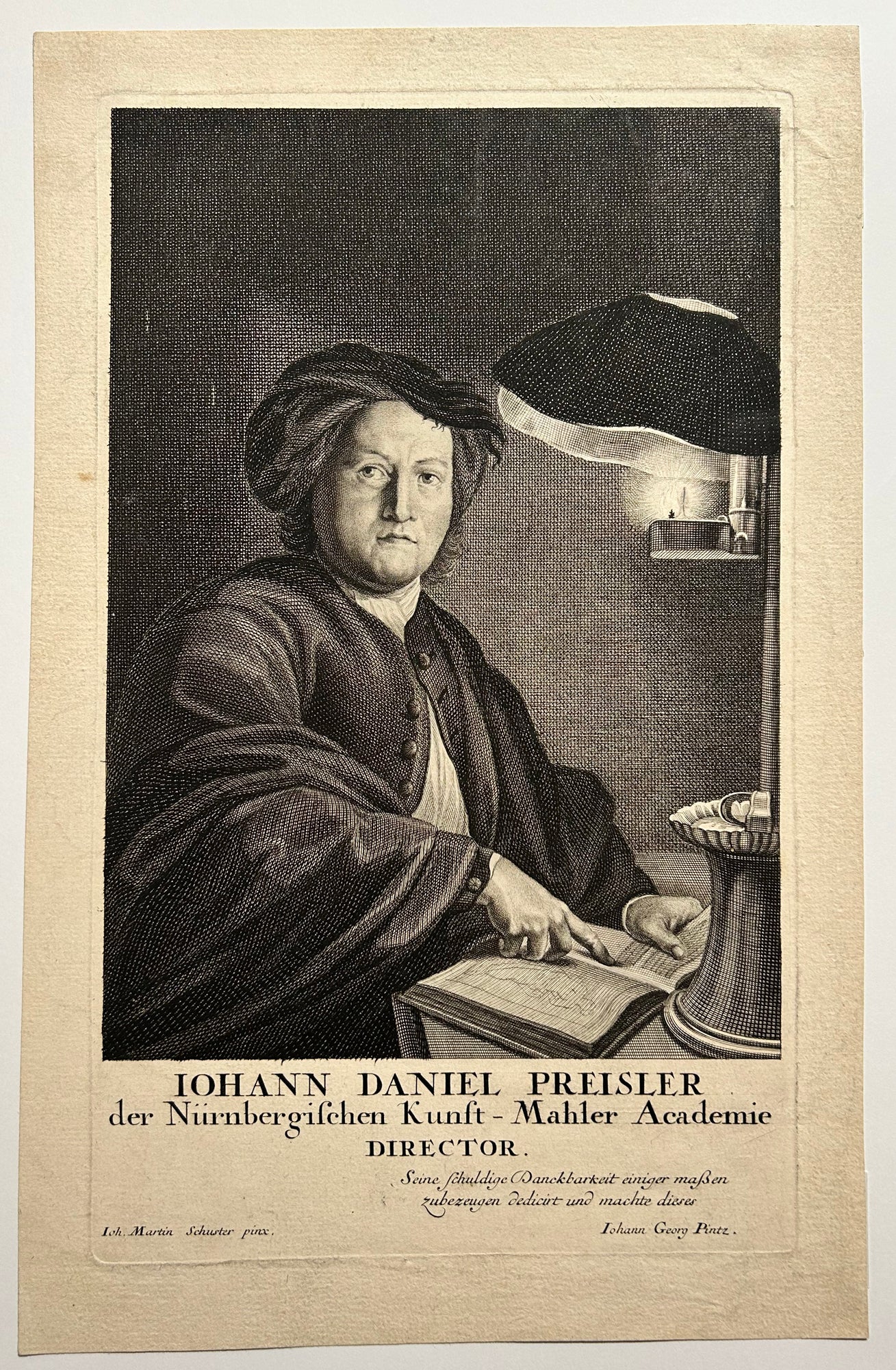 Johann Georg PINTZ - Portrait de Johann Daniel Preisler (1666 † 1737), Directeur de l'Académie de Peinture de Nüremberg. Gravure à l'eau-forte et au burin d'après Johann Martin Schuster (Allemagne 1667 † 1738). 
