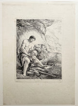 Charger l&#39;image dans la galerie, Androclès, assis dans une grotte, retire une épine de la patte d&#39;un lion.  1784.
