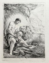 Charger l&#39;image dans la galerie, C.B. RODE - Androclès, assis dans une grotte, retire une épine de la patte d&#39;un lion.  1784. Eau-forte originale. 
