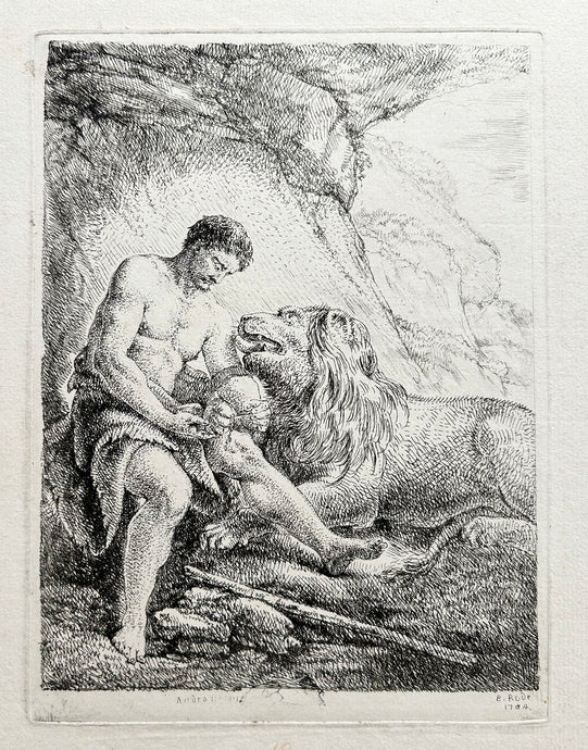 C.B. RODE - Androclès, assis dans une grotte, retire une épine de la patte d'un lion.  1784. Eau-forte originale. 