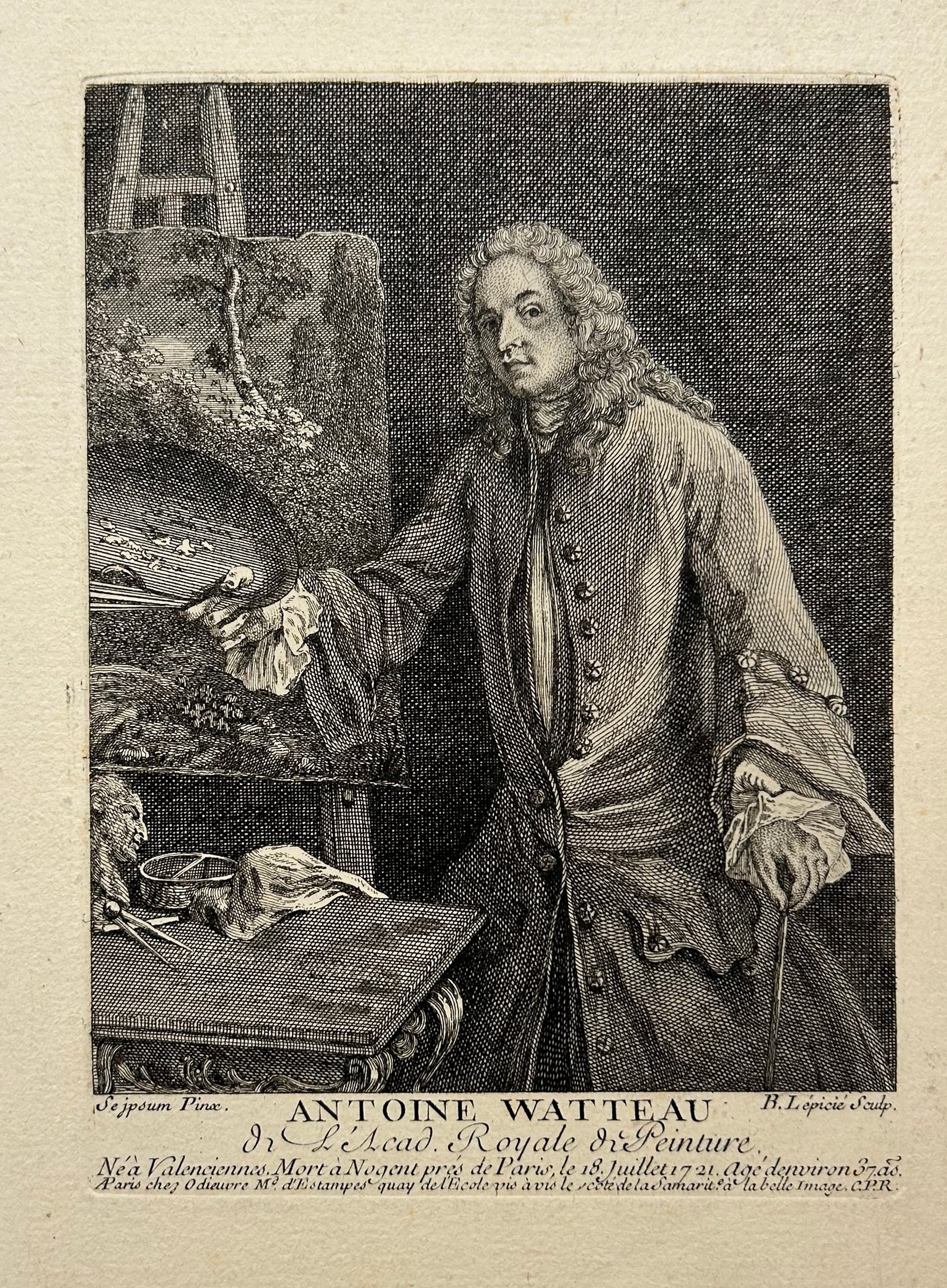 François Bernard LEPICIE - Portrait d'Antoine Watteau, peintre français (1864-1721).  1736. Gravure à l'eau-forte et au burin d'après Antoine Watteau lui-même. 