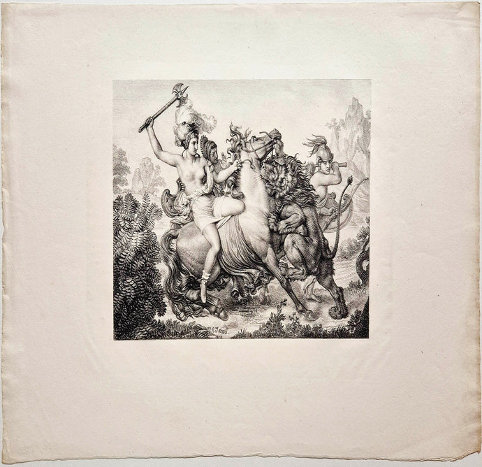 Nicolas Henri JACOB - Hippolyte, reine des Amazones assaillie par un lion. 1818. Lithographie. 