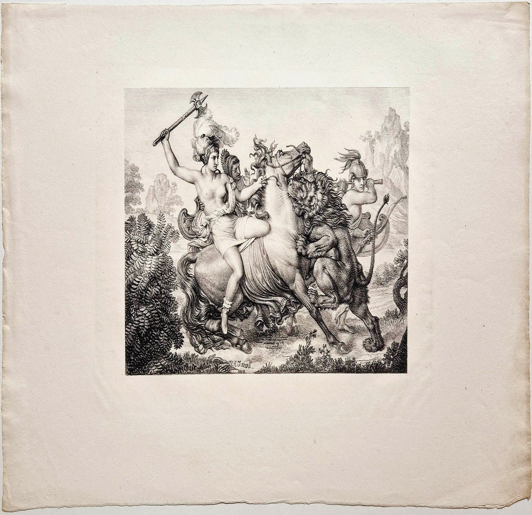 Nicolas Henri JACOB - Hippolyte, reine des Amazones assaillie par un lion. 1818. Lithographie. 