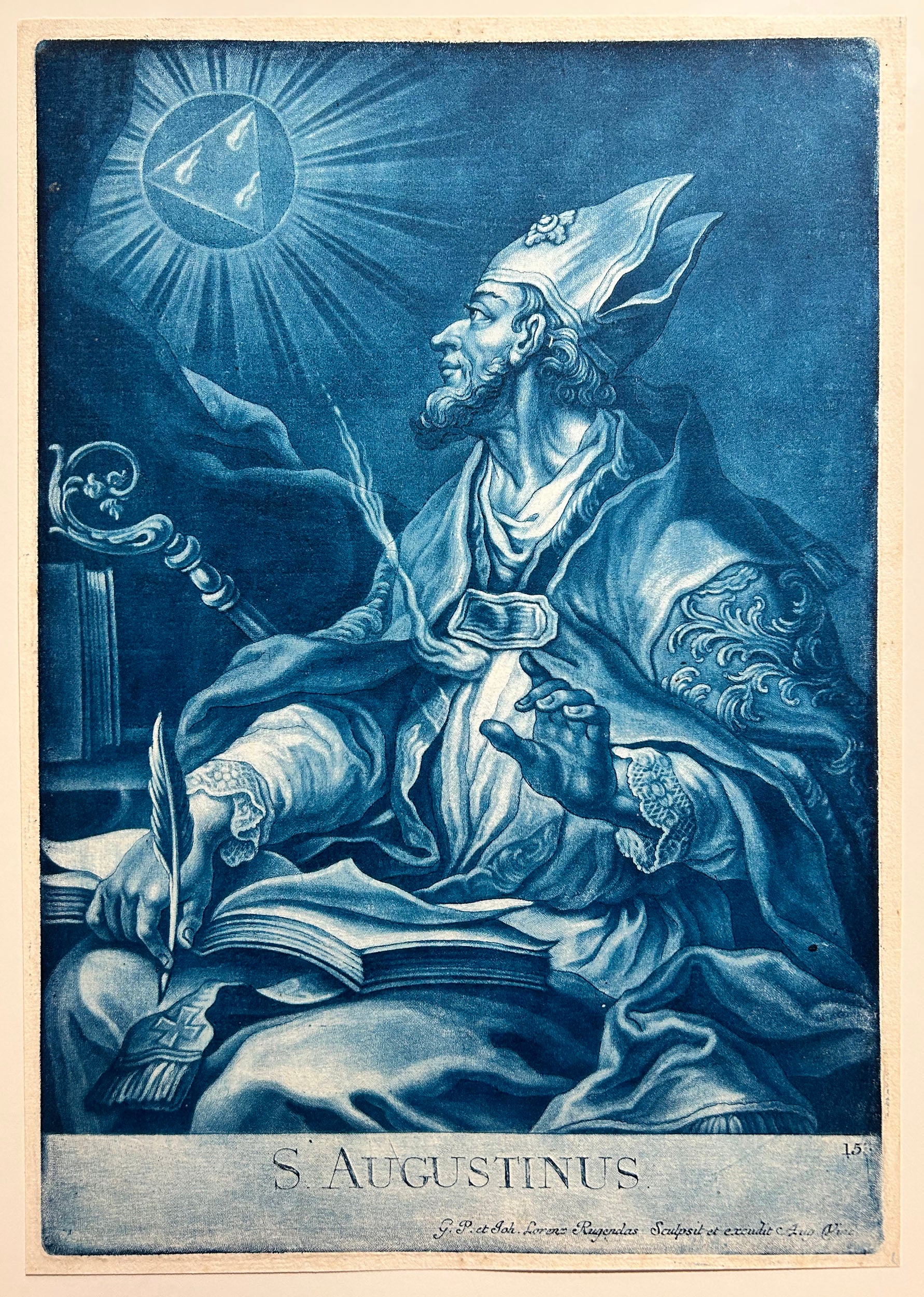 RUGENDAS Georg Philipp le jeune - Saint Augustin. Gravure à la manière noire imprimée en bleu. 
