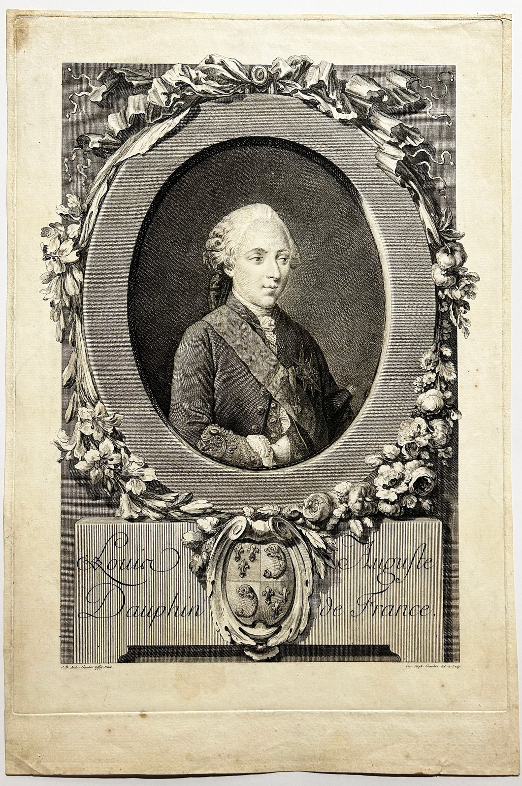 Charles Etienne GAUCHER - Portrait de Louis-Auguste Dauphin de France (Louis XVI à l'âge de huit ans). Gravure à l'eau-forte et au burin d'après le tableau peint par Jean-Baptiste André Gautier.