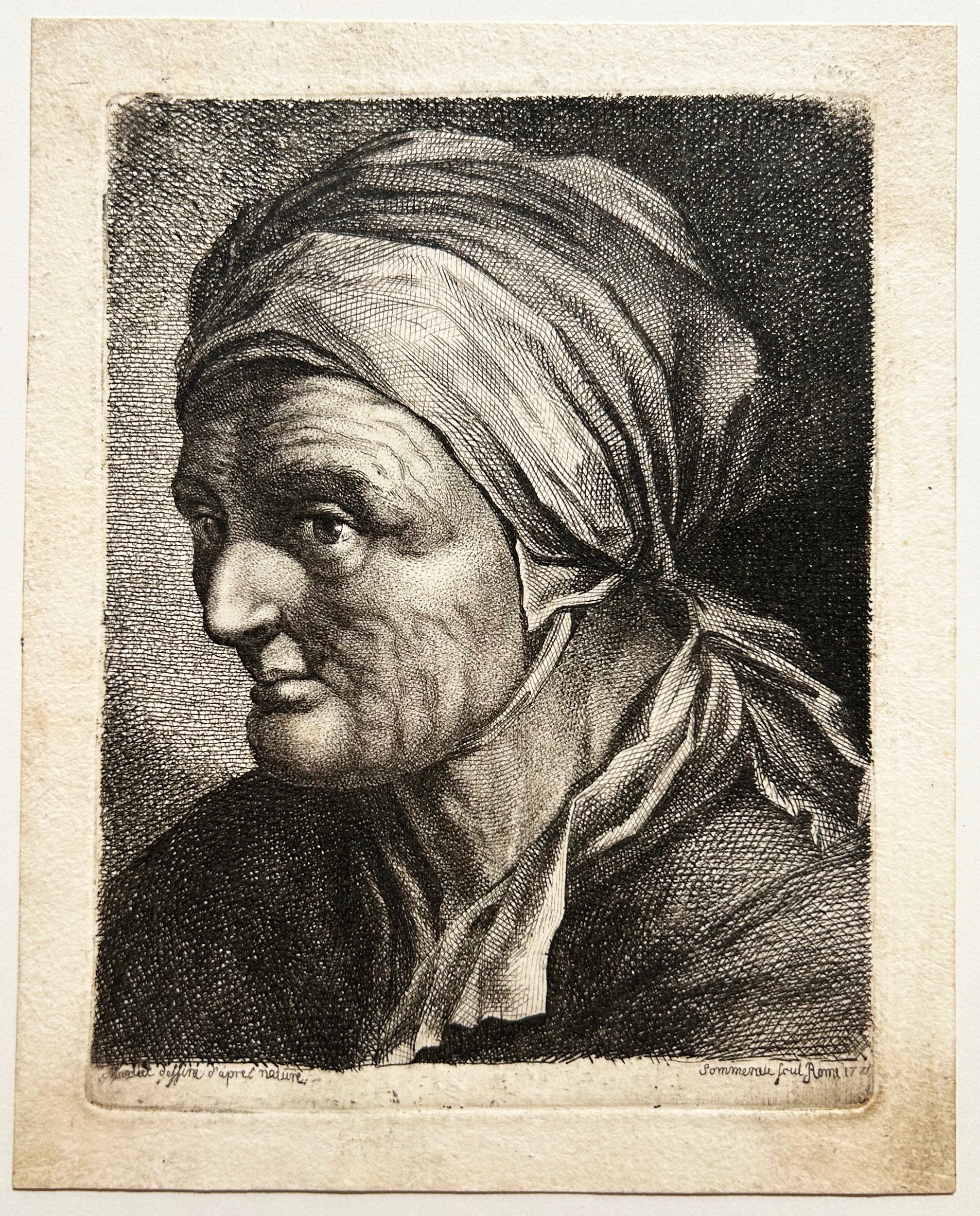 Ludwig SOMMERAU - [Portrait de vieille femme avec un foulard]. Gravure.